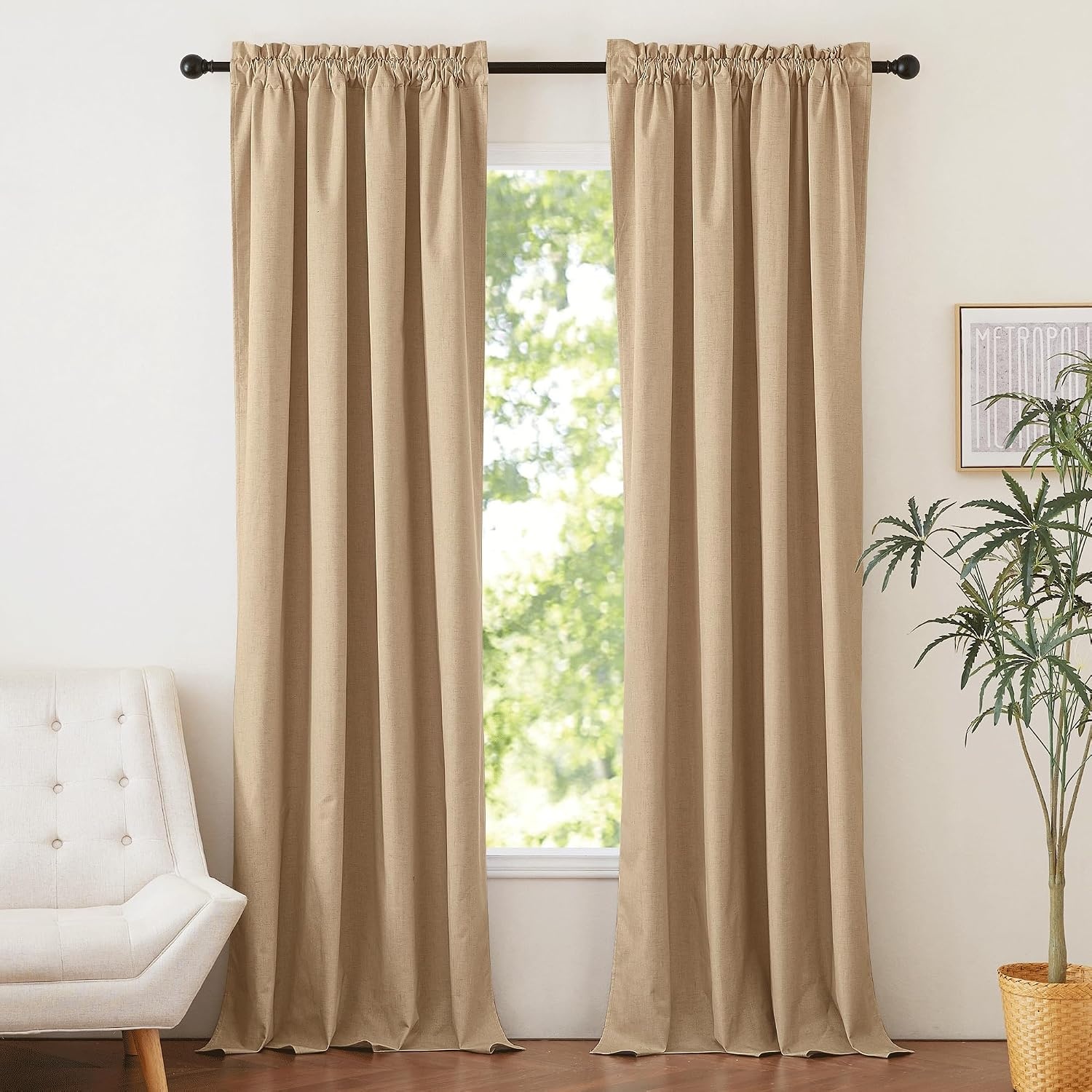 image:imageNICETOWN Natural Faux Linen 100 Blackout Curtains 2 Panels Set 52 x 72 Inch Rod Pocket Thermal Insulated Room Darkening Drapes for Bedroom Nursery Modern Farmhouse Decor Noise ReducingCamel