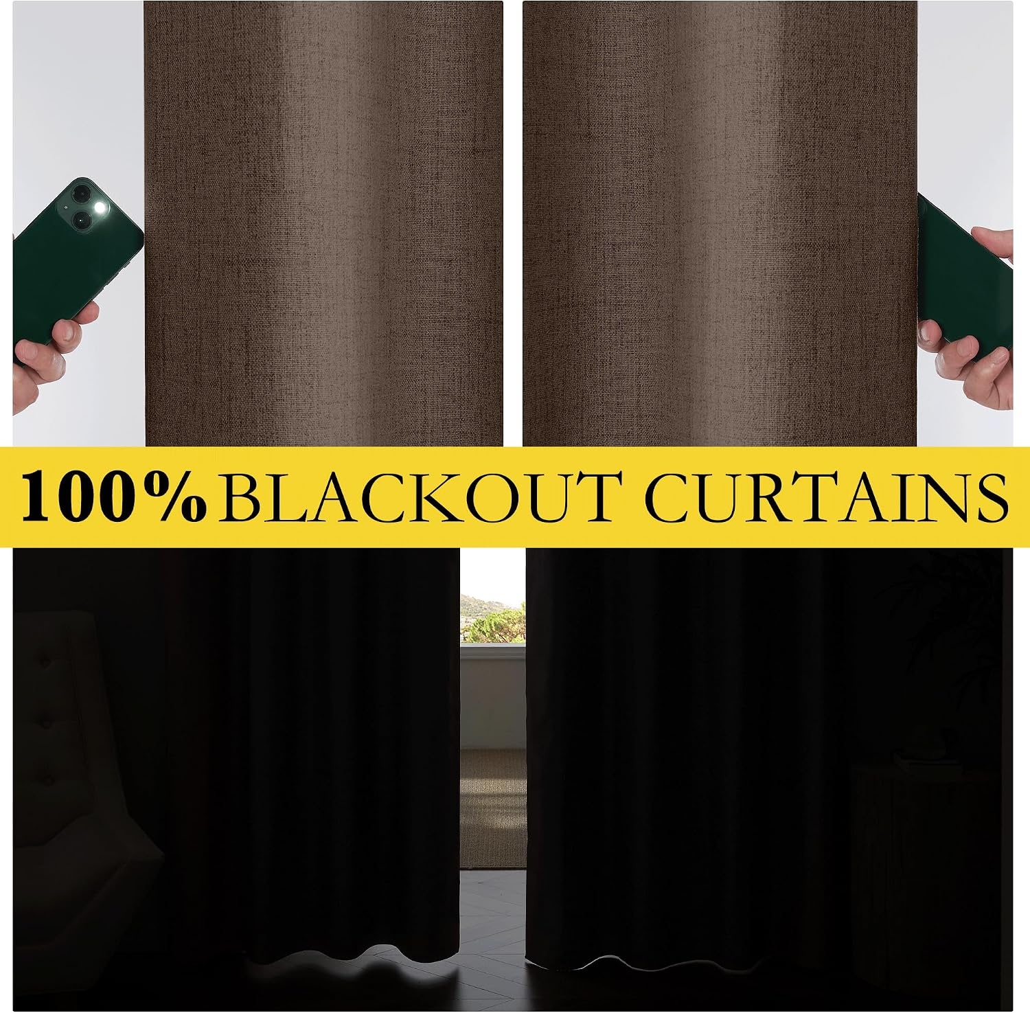 image:imageNICETOWN Natural Faux Linen 100 Blackout Curtains 2 Panels Set 52 x 72 Inch Rod Pocket Thermal Insulated Room Darkening Drapes for Bedroom Nursery Modern Farmhouse Decor Noise ReducingBrown