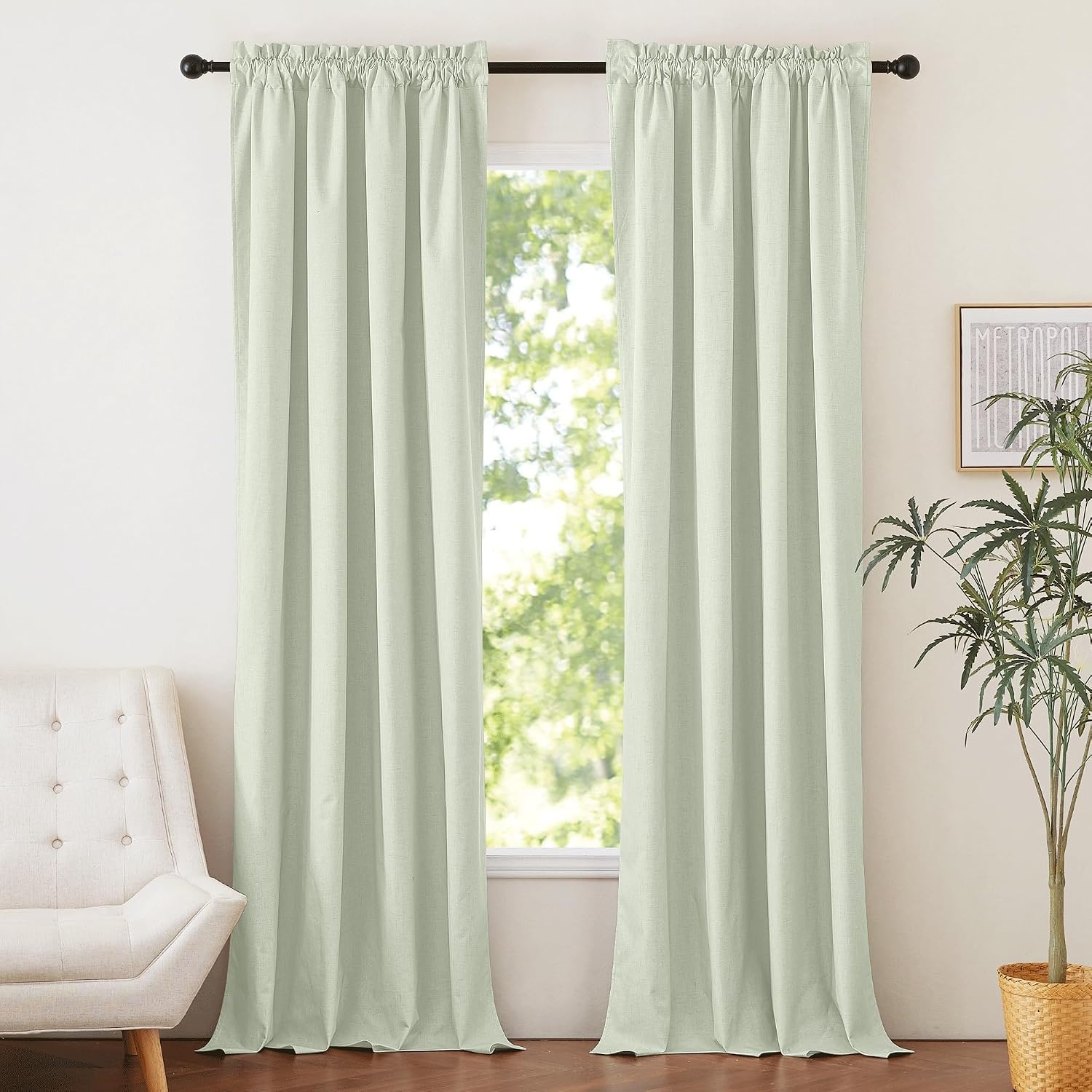 image:imageNICETOWN Natural Faux Linen 100 Blackout Curtains 2 Panels Set 52 x 72 Inch Rod Pocket Thermal Insulated Room Darkening Drapes for Bedroom Nursery Modern Farmhouse Decor Noise ReducingLight Green