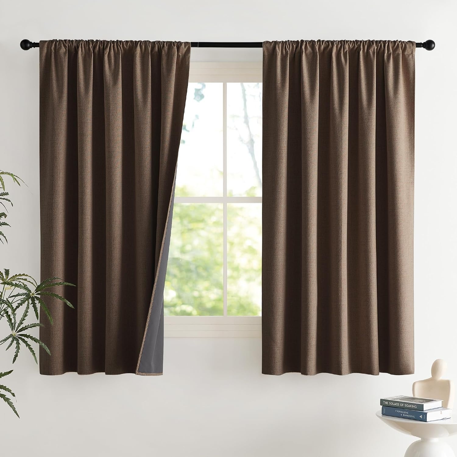 image:imageNICETOWN Natural Faux Linen 100 Blackout Curtains 2 Panels Set 52 x 72 Inch Rod Pocket Thermal Insulated Room Darkening Drapes for Bedroom Nursery Modern Farmhouse Decor Noise ReducingBrown