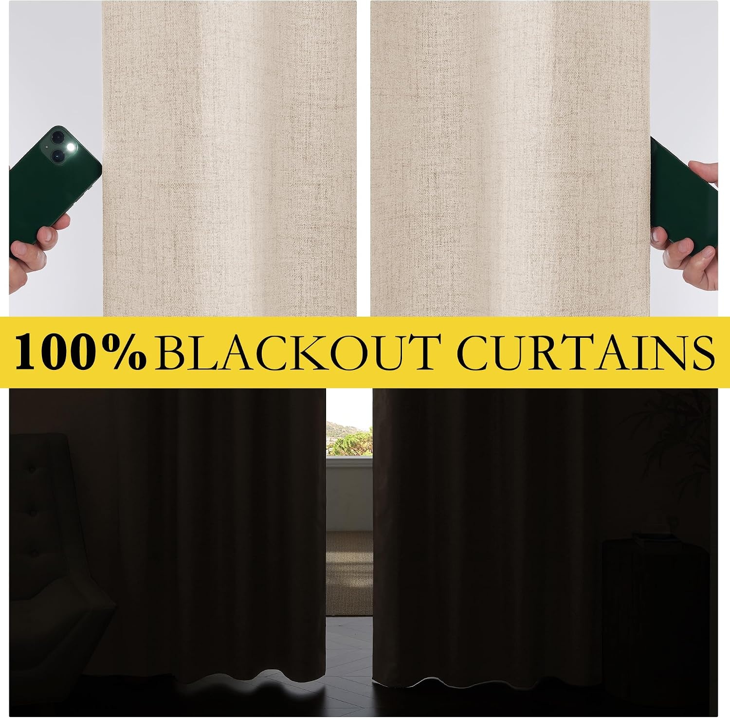 image:imageNICETOWN Natural Faux Linen 100 Blackout Curtains 2 Panels Set 52 x 72 Inch Rod Pocket Thermal Insulated Room Darkening Drapes for Bedroom Nursery Modern Farmhouse Decor Noise ReducingBeige