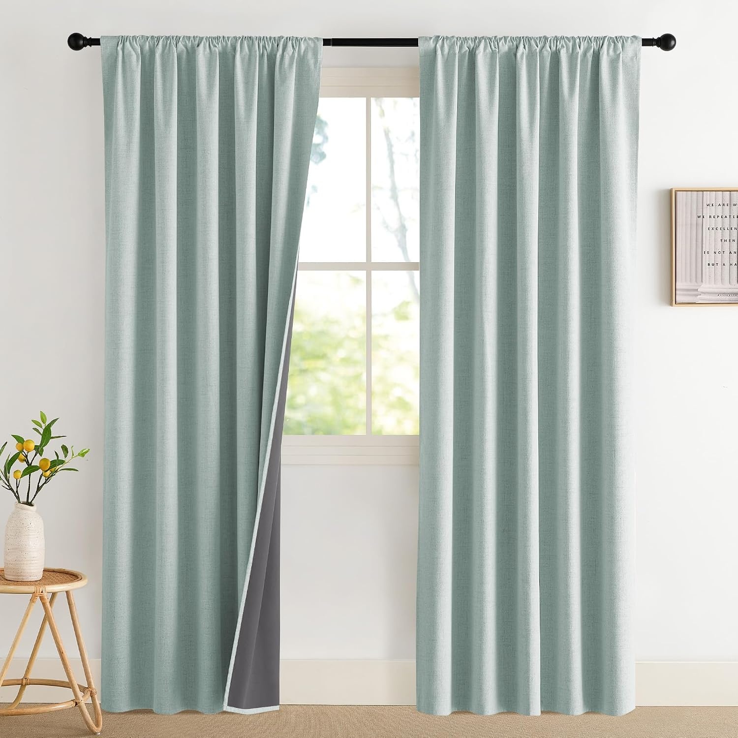 image:imageNICETOWN Natural Faux Linen 100 Blackout Curtains 2 Panels Set 52 x 72 Inch Rod Pocket Thermal Insulated Room Darkening Drapes for Bedroom Nursery Modern Farmhouse Decor Noise ReducingSeafoam Green
