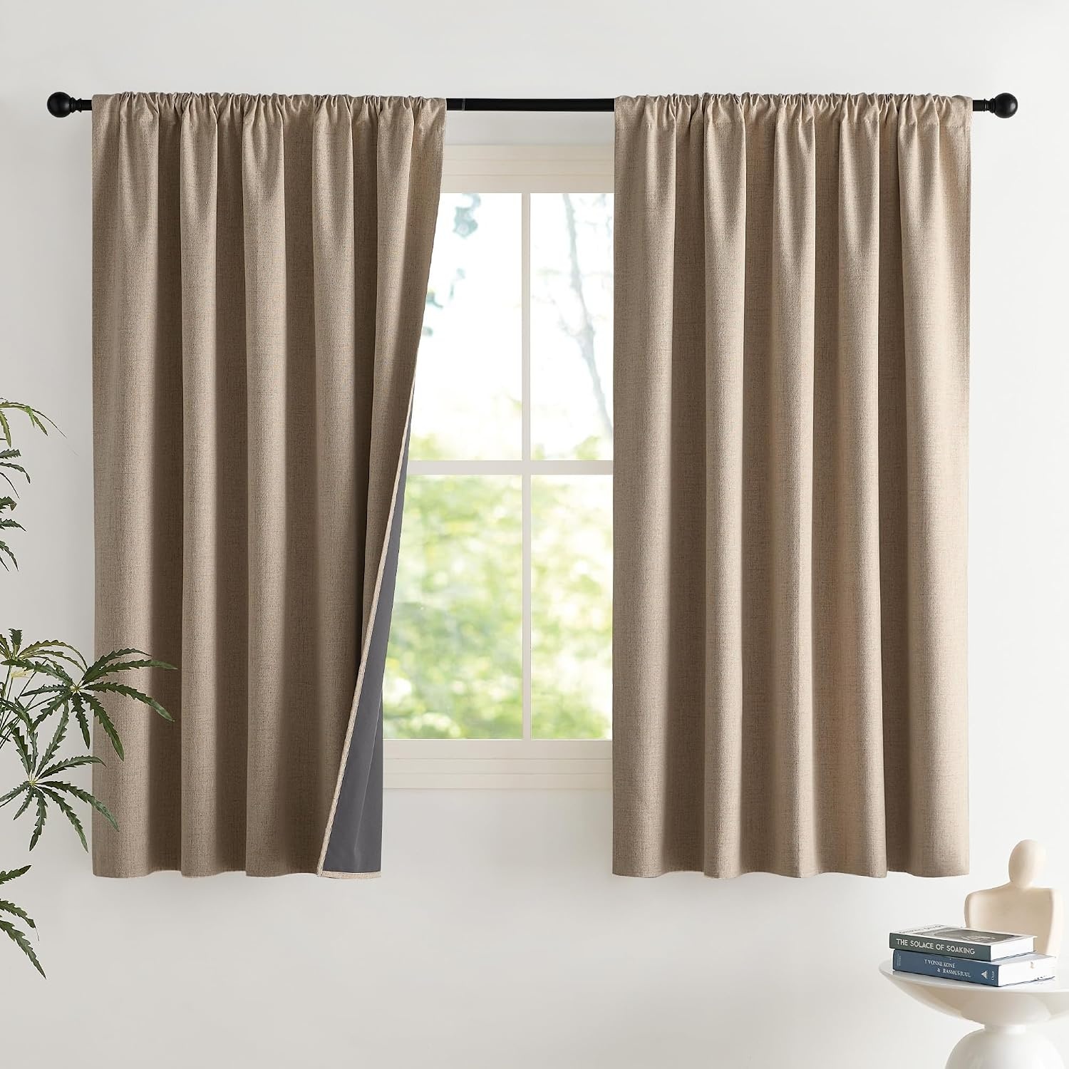 image:imageNICETOWN Natural Faux Linen 100 Blackout Curtains 2 Panels Set 52 x 72 Inch Rod Pocket Thermal Insulated Room Darkening Drapes for Bedroom Nursery Modern Farmhouse Decor Noise ReducingBurlap