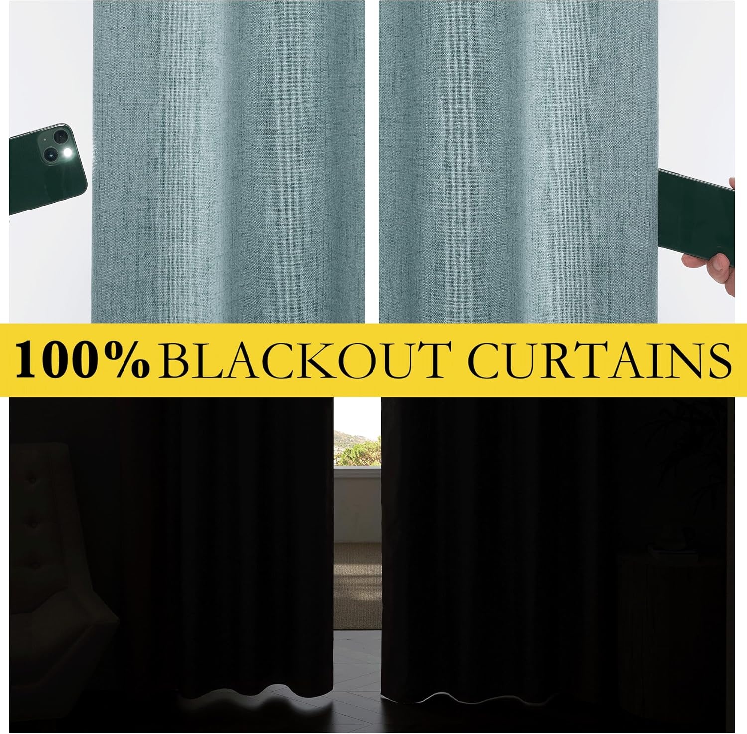 image:imageNICETOWN Natural Faux Linen 100 Blackout Curtains 2 Panels Set 52 x 72 Inch Rod Pocket Thermal Insulated Room Darkening Drapes for Bedroom Nursery Modern Farmhouse Decor Noise ReducingSkylark Blue