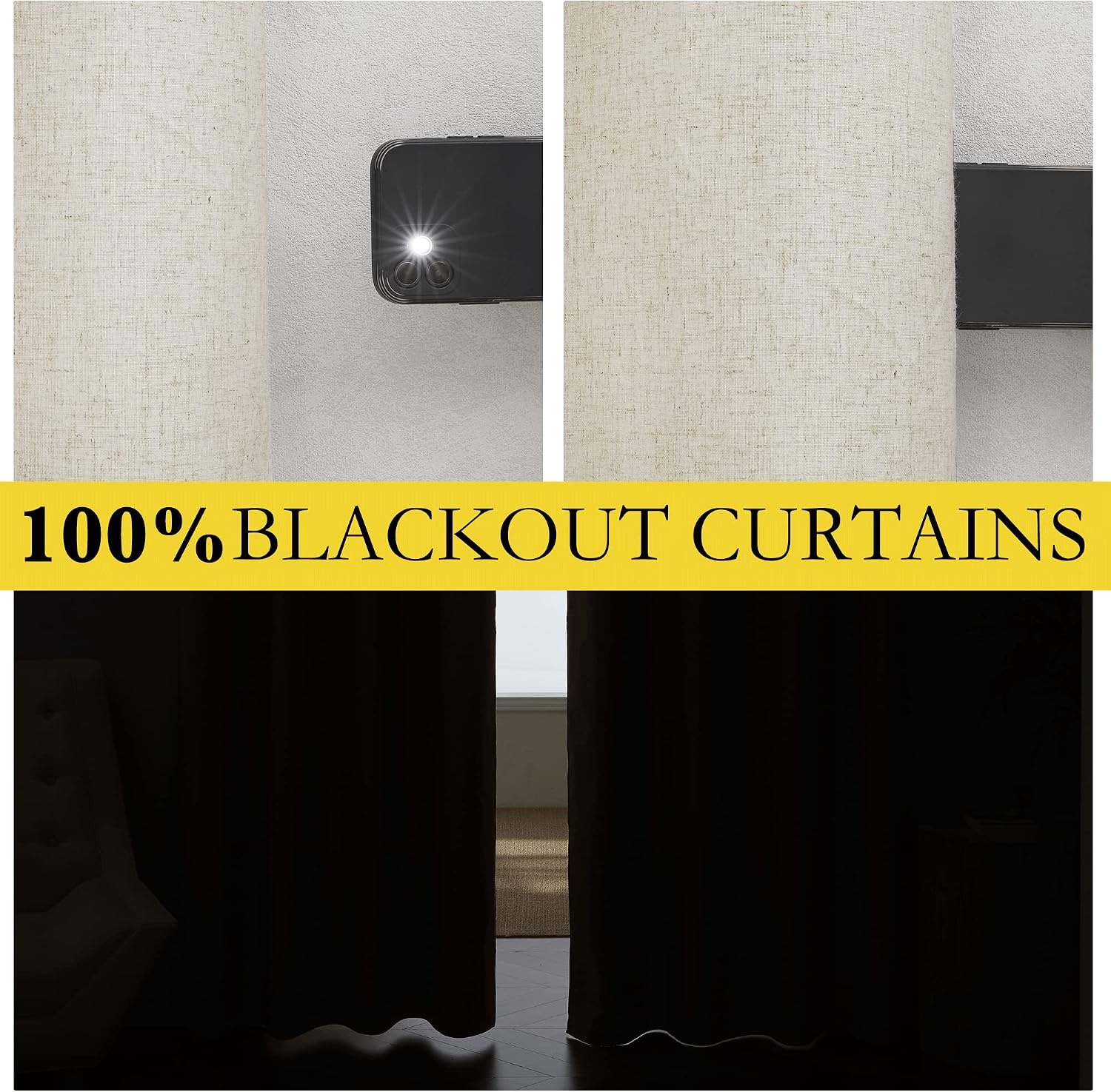 image:imageNICETOWN Natural Faux Linen 100 Blackout Curtains 2 Panels Set 52 x 72 Inch Rod Pocket Thermal Insulated Room Darkening Drapes for Bedroom Nursery Modern Farmhouse Decor Noise ReducingCream