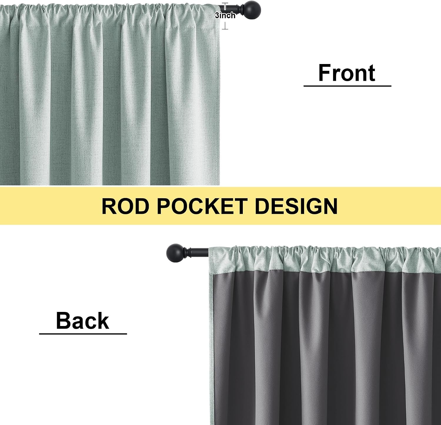image:imageNICETOWN Natural Faux Linen 100 Blackout Curtains 2 Panels Set 52 x 72 Inch Rod Pocket Thermal Insulated Room Darkening Drapes for Bedroom Nursery Modern Farmhouse Decor Noise ReducingSeafoam Green