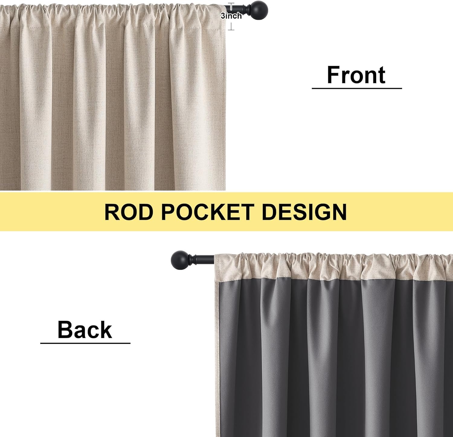 image:imageNICETOWN Natural Faux Linen 100 Blackout Curtains 2 Panels Set 52 x 72 Inch Rod Pocket Thermal Insulated Room Darkening Drapes for Bedroom Nursery Modern Farmhouse Decor Noise ReducingNatural