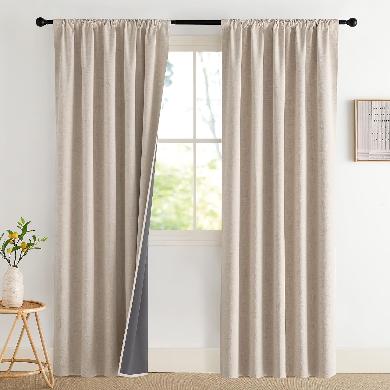image:imageNICETOWN Natural Faux Linen 100 Blackout Curtains 2 Panels Set 52 x 72 Inch Rod Pocket Thermal Insulated Room Darkening Drapes for Bedroom Nursery Modern Farmhouse Decor Noise ReducingNatural