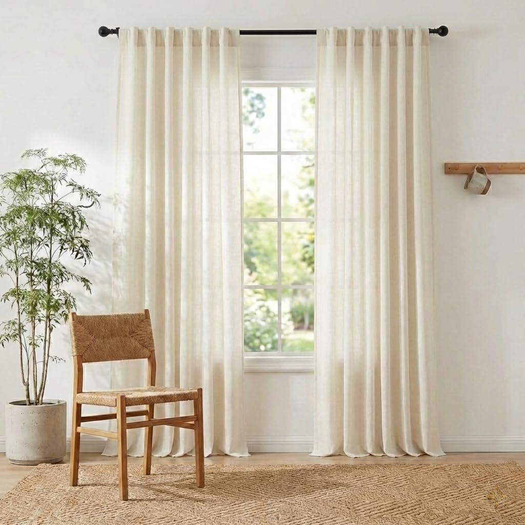 image:imageNICETOWN Natural Linen Curtains for Bedroom Back Tab amp Rod Pocket with Pleat Tab Privacy Added Curtains amp Drapes with Light Filtering Window Treatments for Living Room W52 x L95 2 PanelsNatural