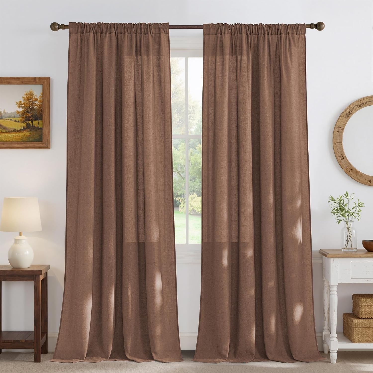 image:imageNICETOWN Natural Linen Curtains for Bedroom Back Tab amp Rod Pocket with Pleat Tab Privacy Added Curtains amp Drapes with Light Filtering Window Treatments for Living Room W52 x L95 2 PanelsGold Brown