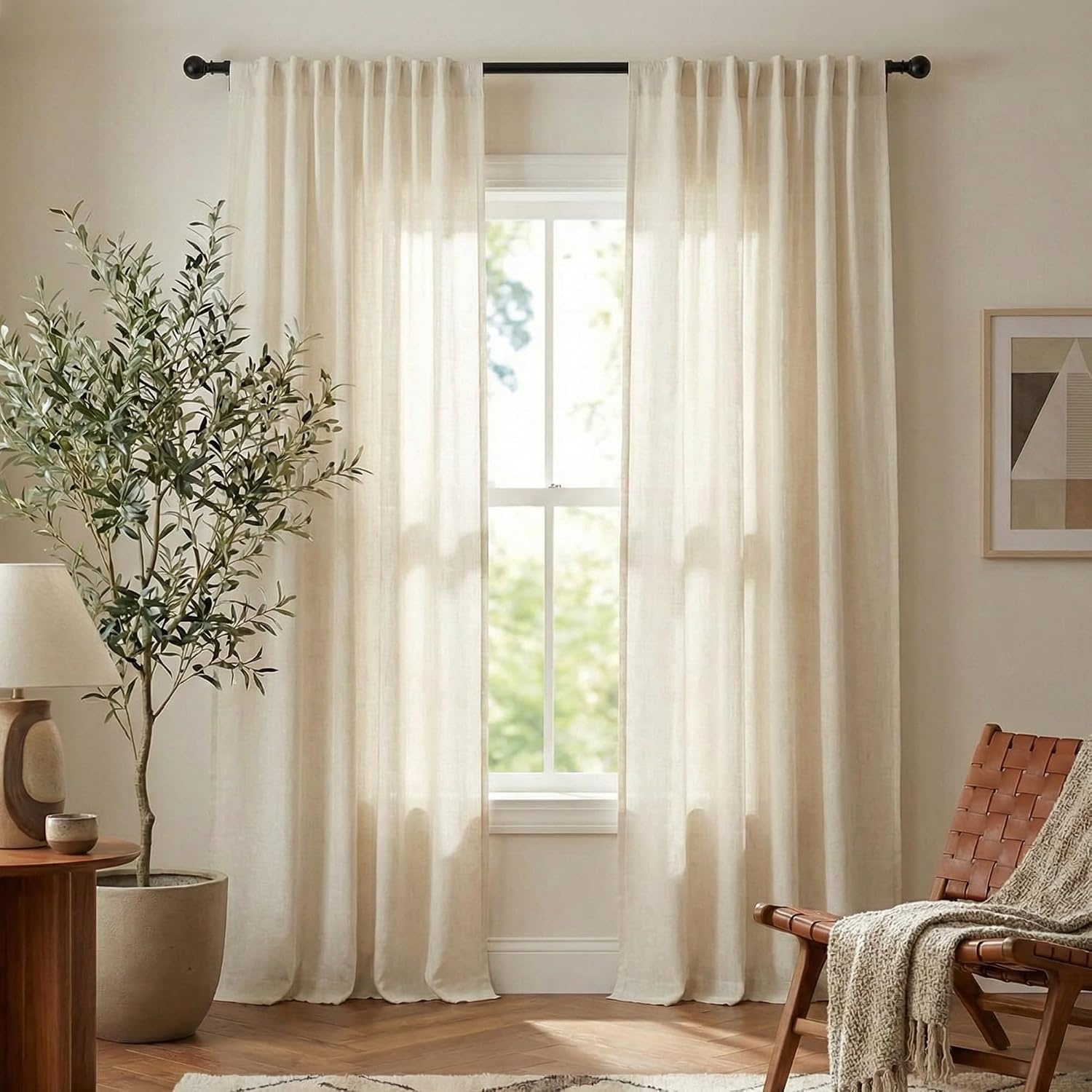 image:imageNICETOWN Natural Linen Curtains for Bedroom Back Tab amp Rod Pocket with Pleat Tab Privacy Added Curtains amp Drapes with Light Filtering Window Treatments for Living Room W52 x L95 2 PanelsNatural