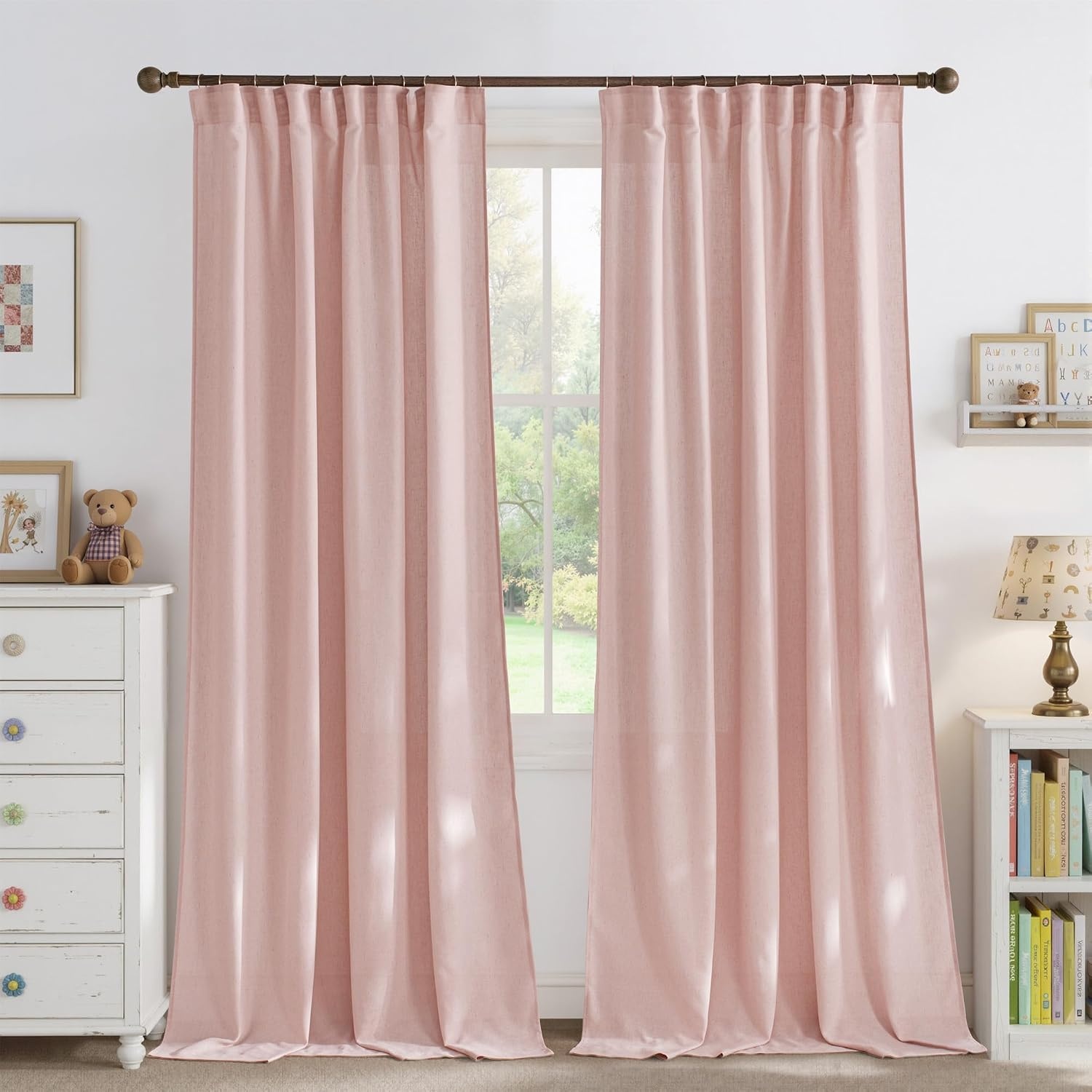 image:imageNICETOWN Natural Linen Curtains for Bedroom Back Tab amp Rod Pocket with Pleat Tab Privacy Added Curtains amp Drapes with Light Filtering Window Treatments for Living Room W52 x L95 2 PanelsLight Pink