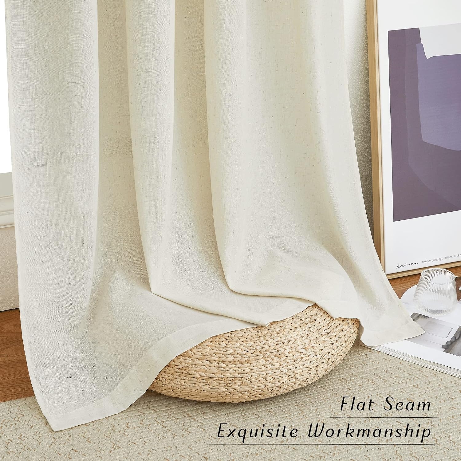 image:imageNICETOWN Natural Linen Curtains for Bedroom Back Tab amp Rod Pocket with Pleat Tab Privacy Added Curtains amp Drapes with Light Filtering Window Treatments for Living Room W52 x L95 2 PanelsOff White Rod Pocket