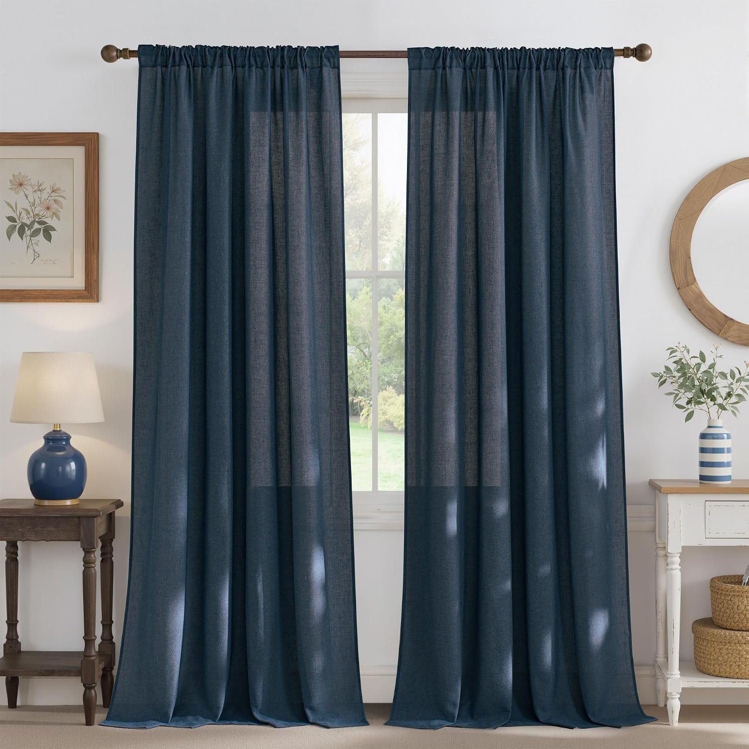 image:imageNICETOWN Natural Linen Curtains for Bedroom Back Tab amp Rod Pocket with Pleat Tab Privacy Added Curtains amp Drapes with Light Filtering Window Treatments for Living Room W52 x L95 2 PanelsNavy Blue