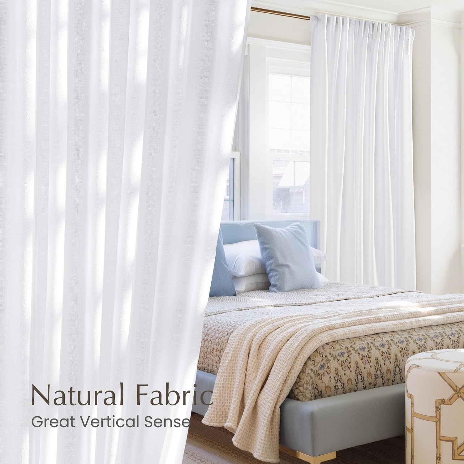 image:imageNICETOWN Natural Linen Curtains for Bedroom Back Tab amp Rod Pocket with Pleat Tab Privacy Added Curtains amp Drapes with Light Filtering Window Treatments for Living Room W52 x L95 2 PanelsWhite