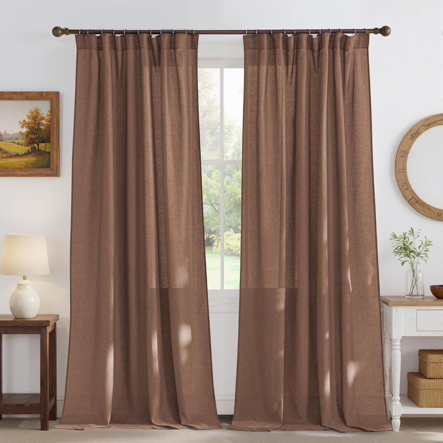 image:imageNICETOWN Natural Linen Curtains for Bedroom Back Tab amp Rod Pocket with Pleat Tab Privacy Added Curtains amp Drapes with Light Filtering Window Treatments for Living Room W52 x L95 2 PanelsGold Brown