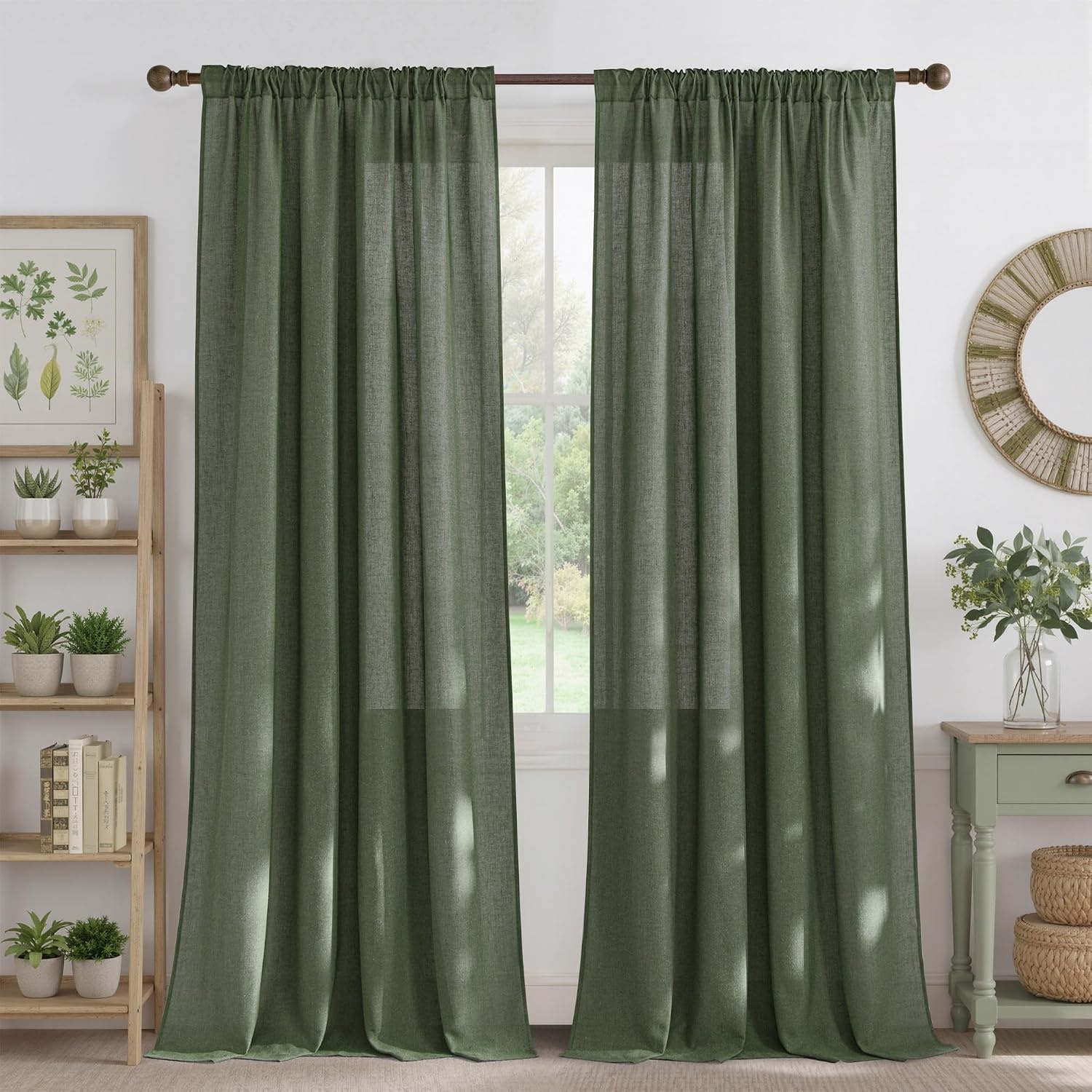 image:imageNICETOWN Natural Linen Curtains for Bedroom Back Tab amp Rod Pocket with Pleat Tab Privacy Added Curtains amp Drapes with Light Filtering Window Treatments for Living Room W52 x L95 2 PanelsForest Green