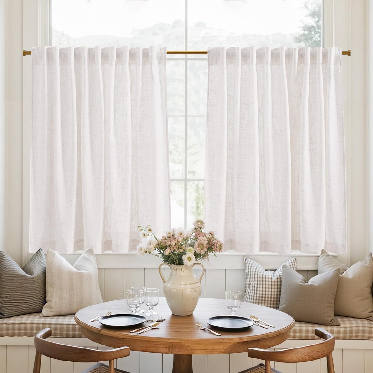 image:imageNICETOWN Natural Linen Curtains for Bedroom Back Tab amp Rod Pocket with Pleat Tab Privacy Added Curtains amp Drapes with Light Filtering Window Treatments for Living Room W52 x L95 2 PanelsBurlap