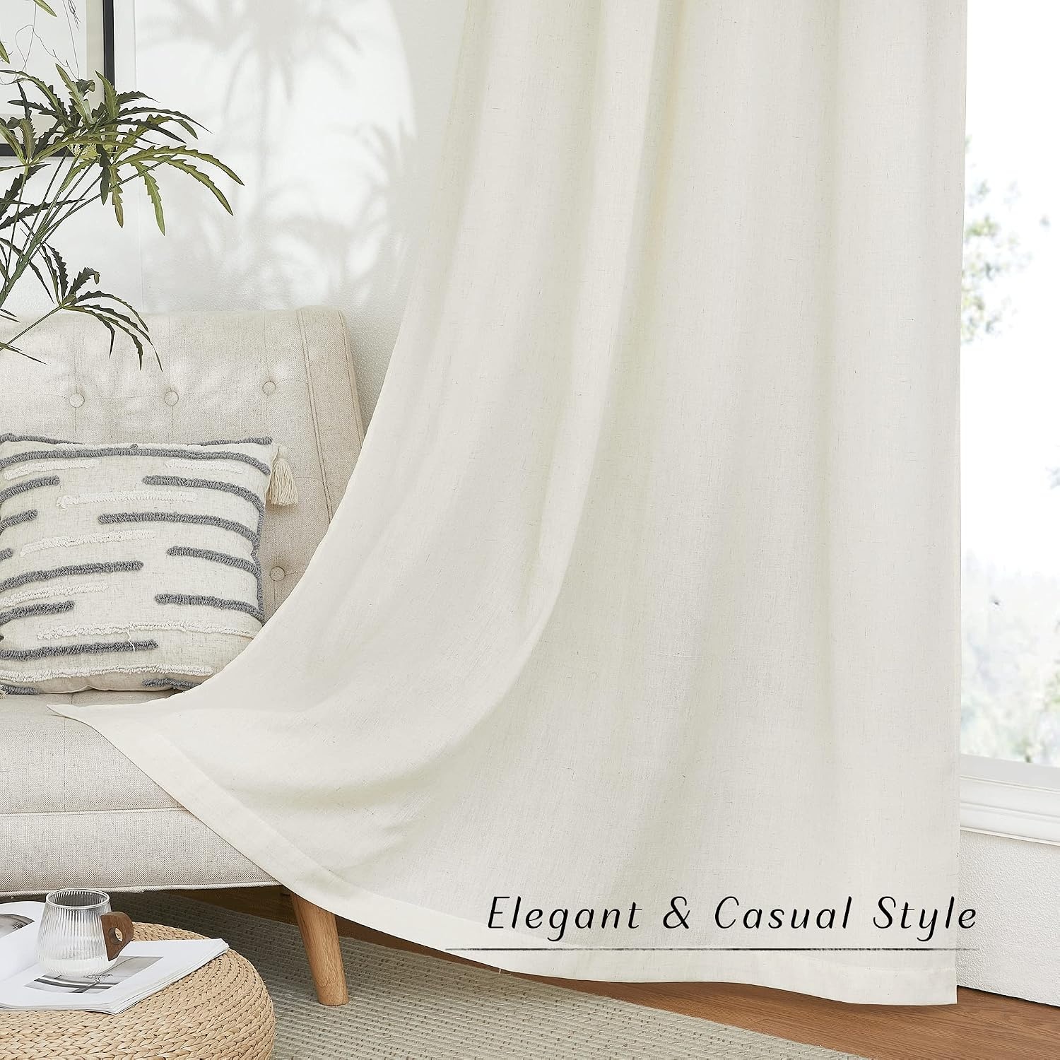 image:imageNICETOWN Natural Linen Curtains for Bedroom Back Tab amp Rod Pocket with Pleat Tab Privacy Added Curtains amp Drapes with Light Filtering Window Treatments for Living Room W52 x L95 2 PanelsOff White Rod Pocket