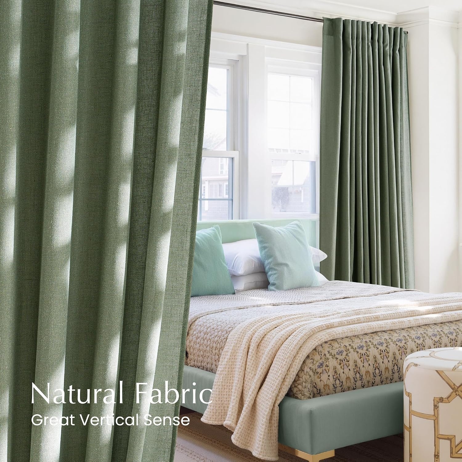 image:imageNICETOWN Natural Linen Curtains for Bedroom Back Tab amp Rod Pocket with Pleat Tab Privacy Added Curtains amp Drapes with Light Filtering Window Treatments for Living Room W52 x L95 2 PanelsForest Green