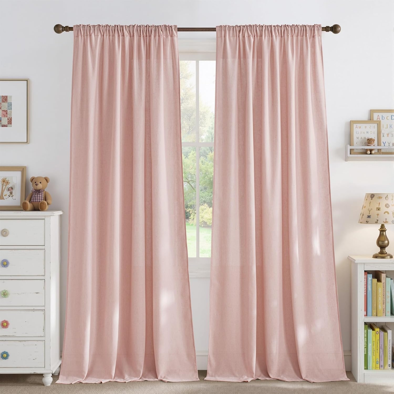 image:imageNICETOWN Natural Linen Curtains for Bedroom Back Tab amp Rod Pocket with Pleat Tab Privacy Added Curtains amp Drapes with Light Filtering Window Treatments for Living Room W52 x L95 2 PanelsLight Pink