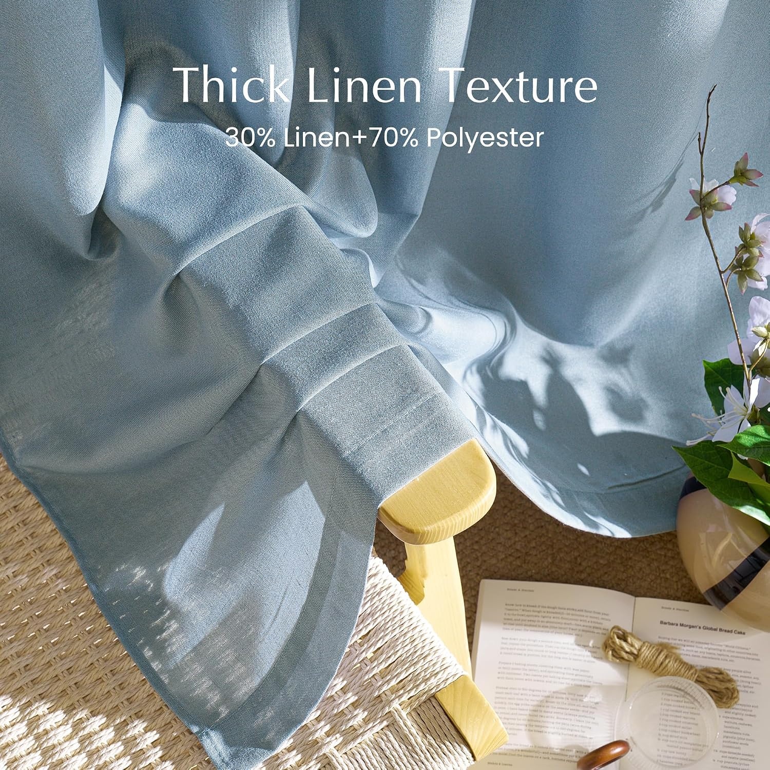 image:imageNICETOWN Natural Linen Curtains for Bedroom Back Tab amp Rod Pocket with Pleat Tab Privacy Added Curtains amp Drapes with Light Filtering Window Treatments for Living Room W52 x L95 2 PanelsStone Blue