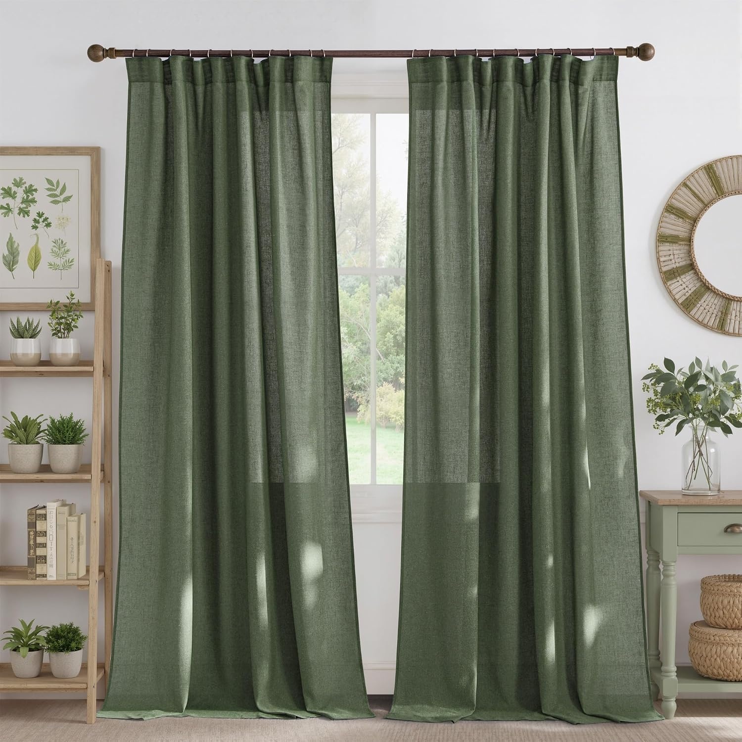image:imageNICETOWN Natural Linen Curtains for Bedroom Back Tab amp Rod Pocket with Pleat Tab Privacy Added Curtains amp Drapes with Light Filtering Window Treatments for Living Room W52 x L95 2 PanelsForest Green