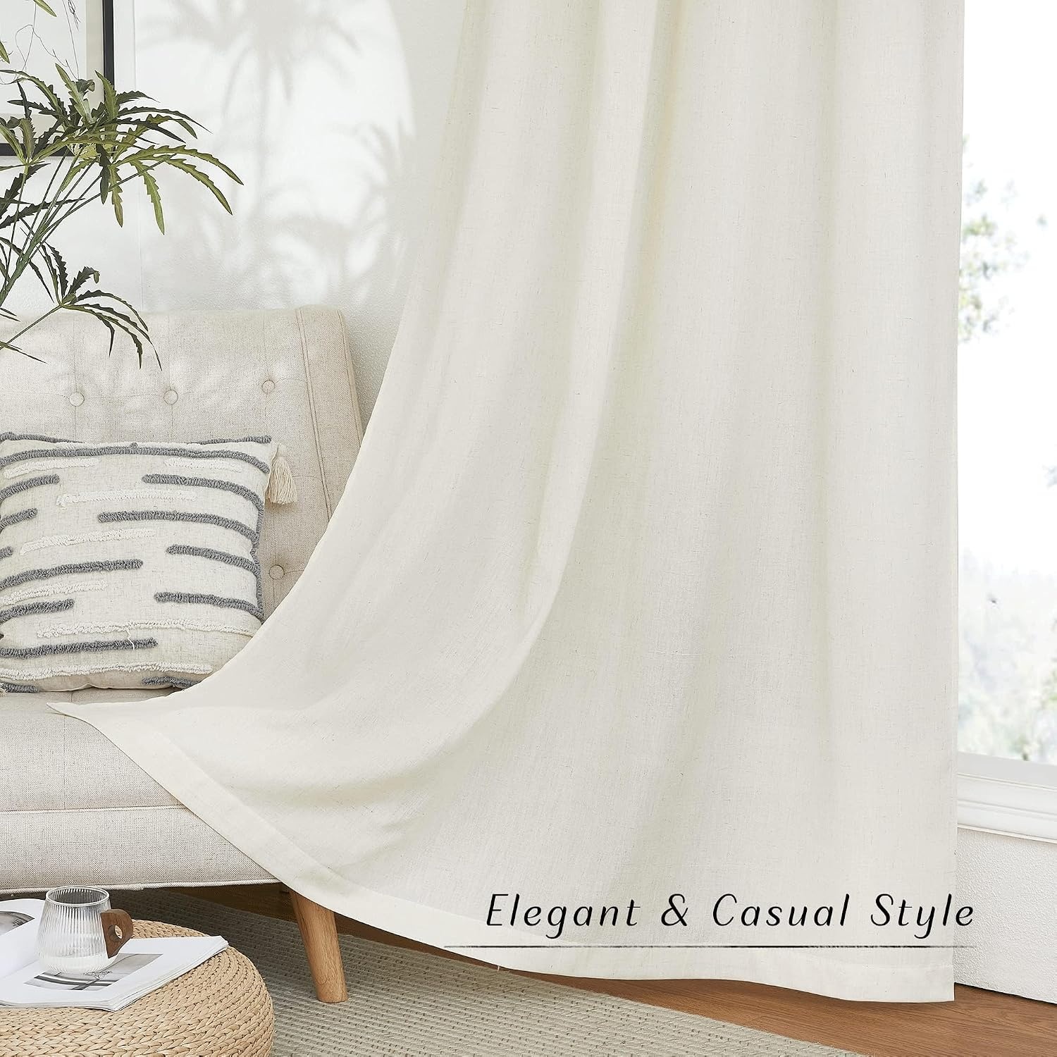 image:imageNICETOWN Natural Linen Curtains for Bedroom Back Tab amp Rod Pocket with Pleat Tab Privacy Added Curtains amp Drapes with Light Filtering Window Treatments for Living Room W52 x L95 2 PanelsOff White Rod Pocket