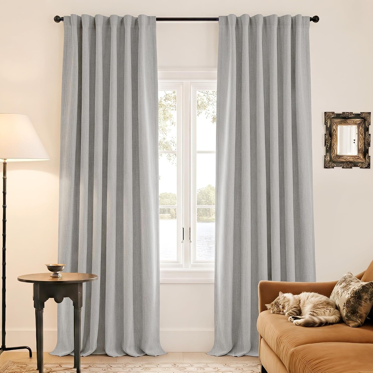 image:imageNICETOWN ScratchProof 100 Blackout Beige 108 inch Curtains HighDensity Linen Blend Window Treatments Rod Pocket amp Back Tab Thermal Drapes for Living Room W52 x L108 2 PanelsCloudy White