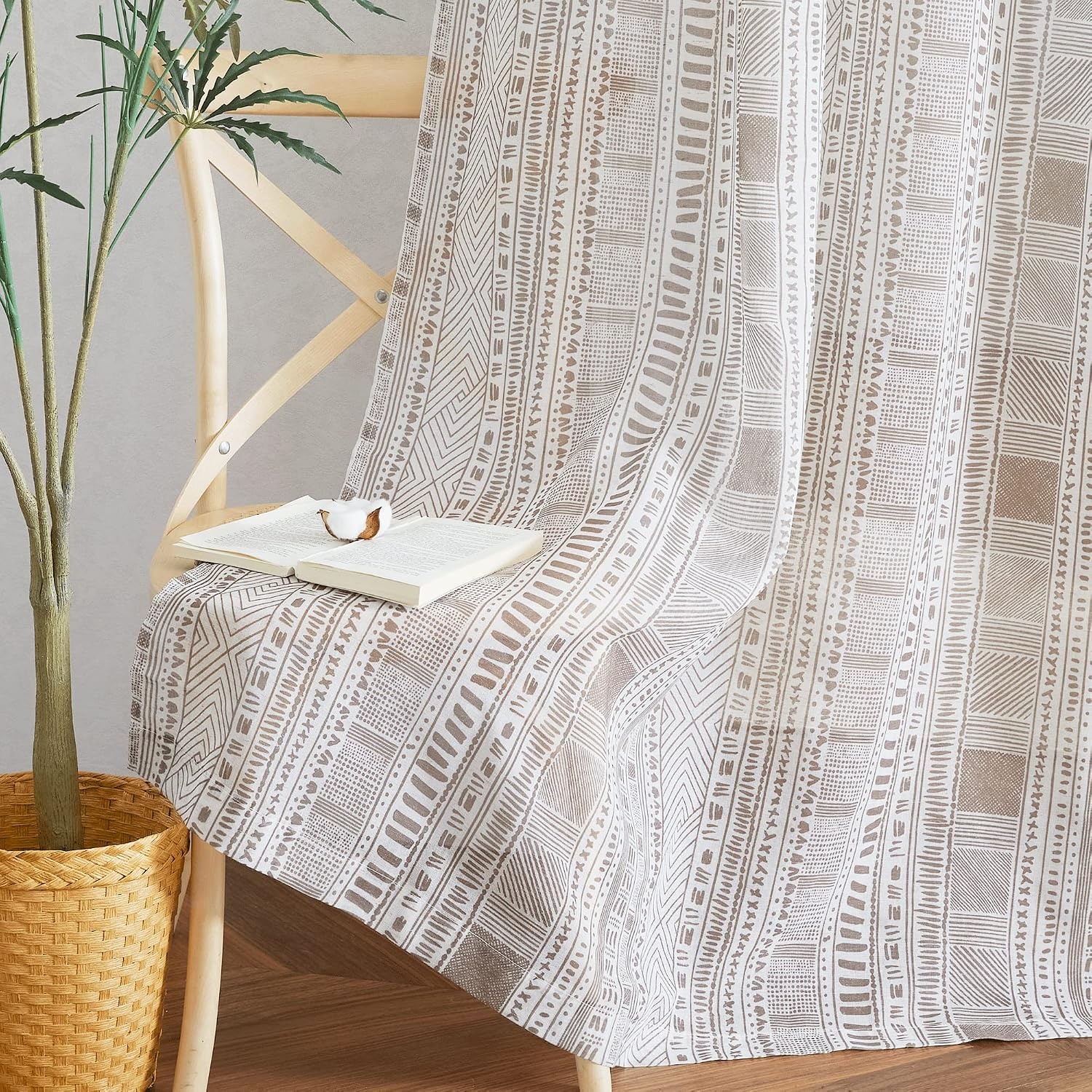 image:imageNICETOWN Sheer Window Curtains Linen Textured 84 inches Length for Home Decor Grommet Geometry Pattern Privacy amp Light Balance Flax Sheer Drapes for Living Room W50 x L84 2 Panels NavyTaupe
