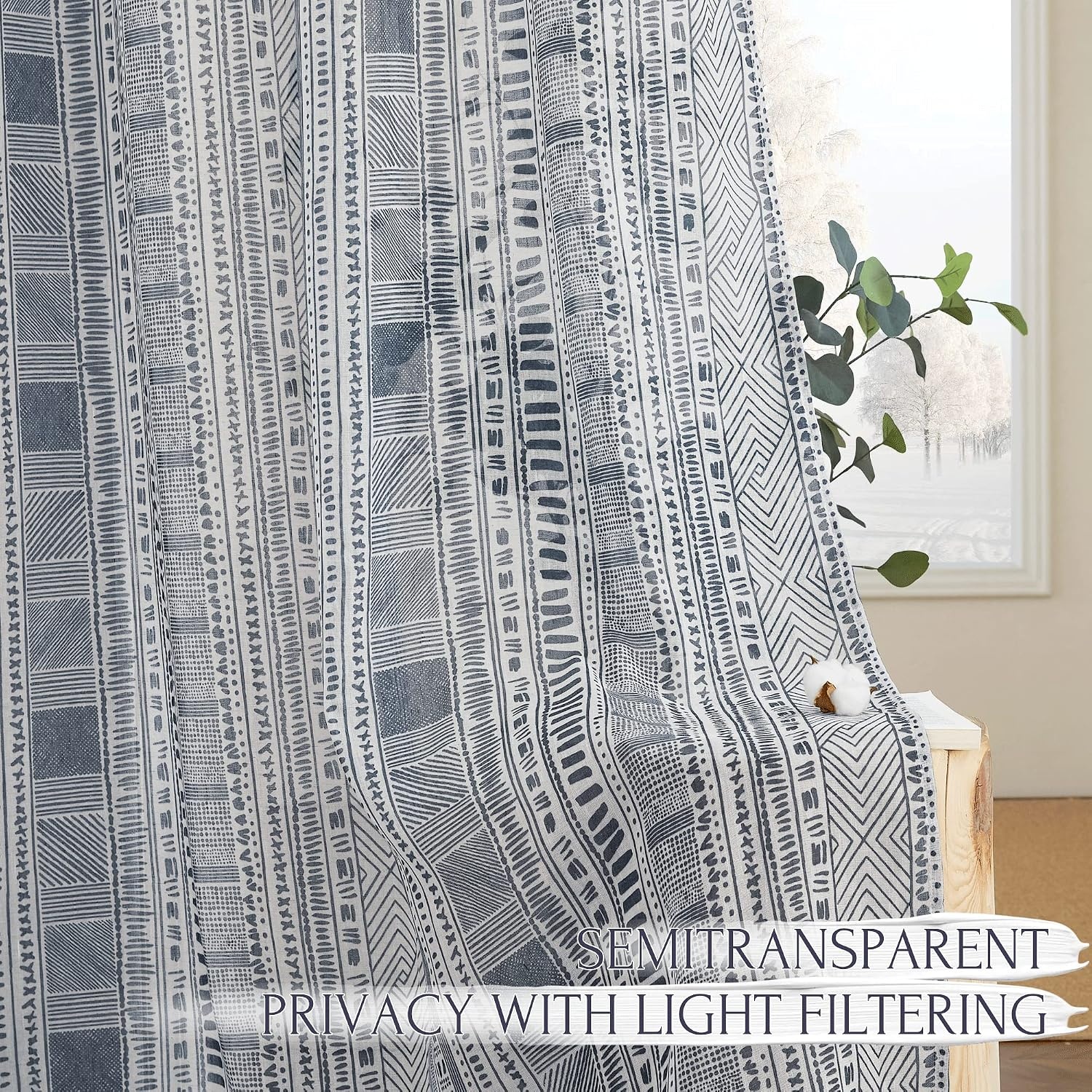 image:imageNICETOWN Sheer Window Curtains Linen Textured 84 inches Length for Home Decor Grommet Geometry Pattern Privacy amp Light Balance Flax Sheer Drapes for Living Room W50 x L84 2 Panels NavyNavy Blue