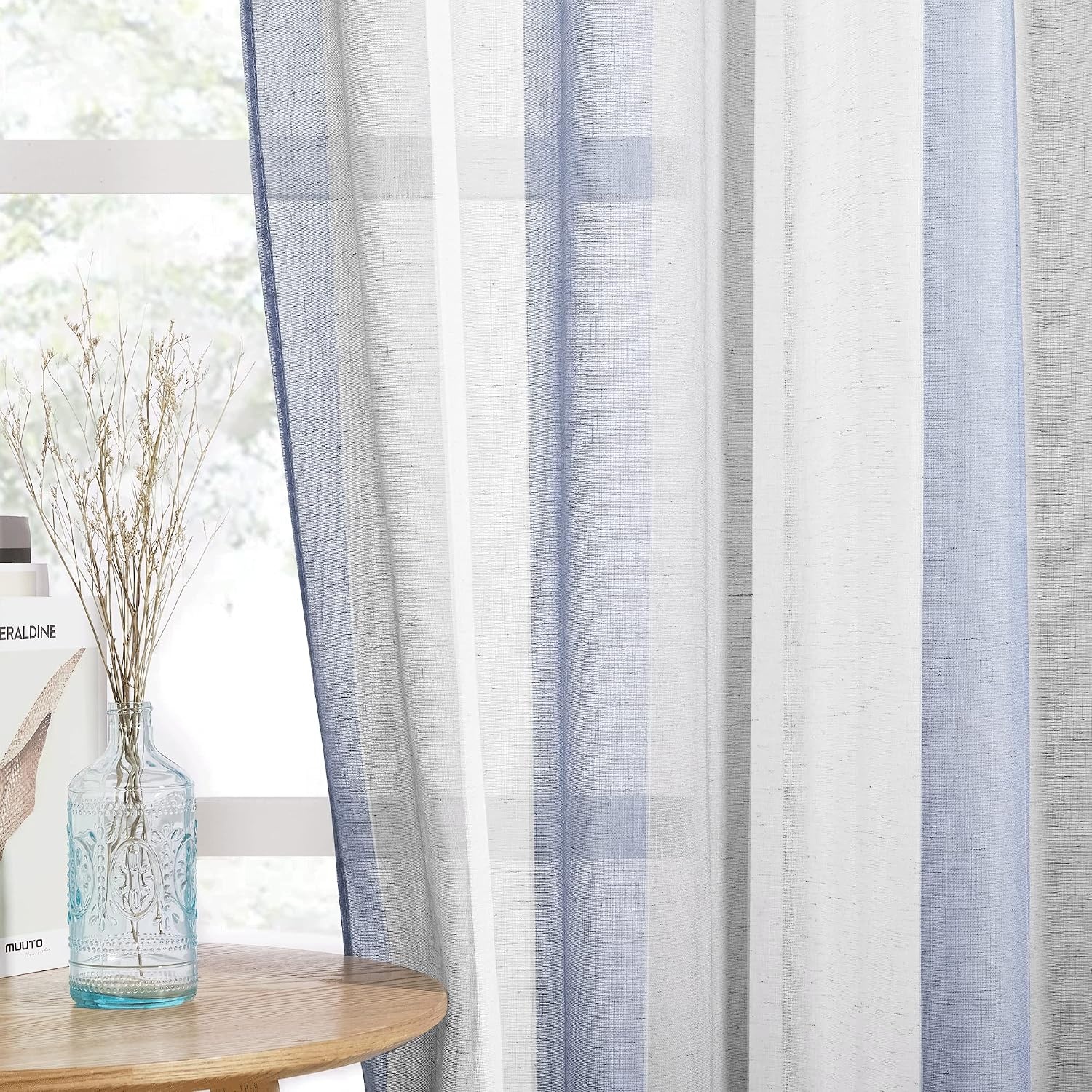 image:imageNICETOWN Sheer Window Curtains Linen Textured 84 inches Length for Home Decor Grommet Geometry Pattern Privacy amp Light Balance Flax Sheer Drapes for Living Room W50 x L84 2 Panels NavyWhite Blue