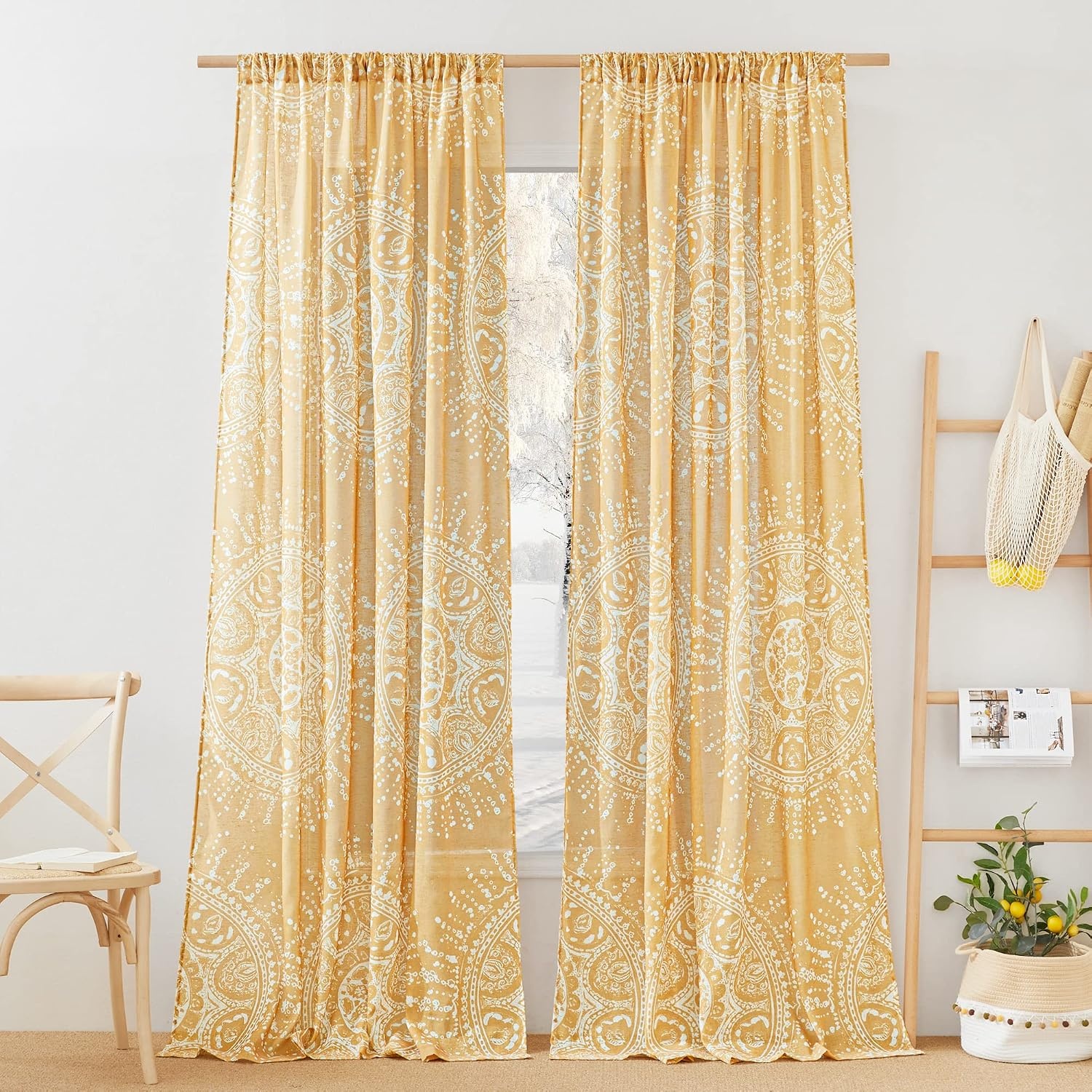 image:imageNICETOWN Sheer Window Curtains Linen Textured 84 inches Length for Home Decor Grommet Geometry Pattern Privacy amp Light Balance Flax Sheer Drapes for Living Room W50 x L84 2 Panels NavyYellow