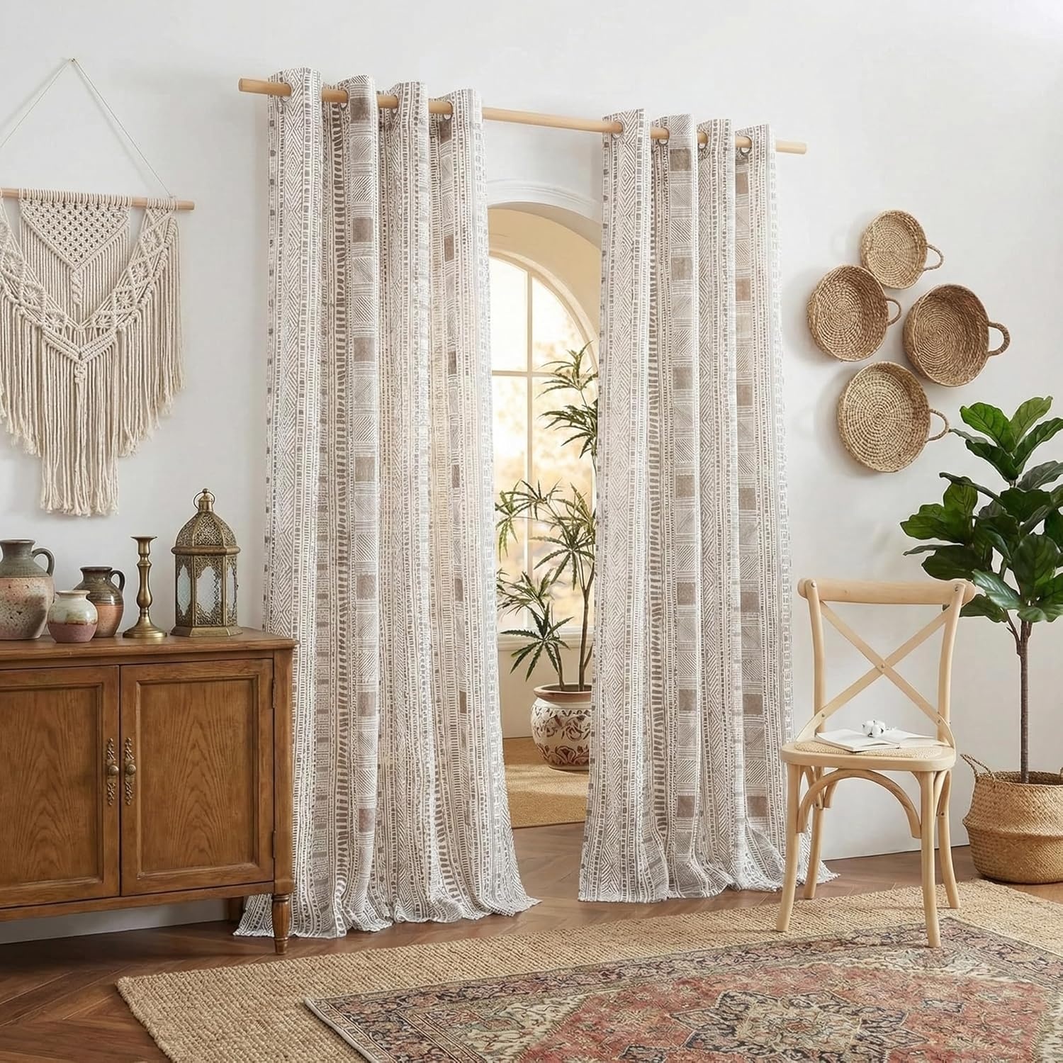 image:imageNICETOWN Sheer Window Curtains Linen Textured 84 inches Length for Home Decor Grommet Geometry Pattern Privacy amp Light Balance Flax Sheer Drapes for Living Room W50 x L84 2 Panels NavyTaupe