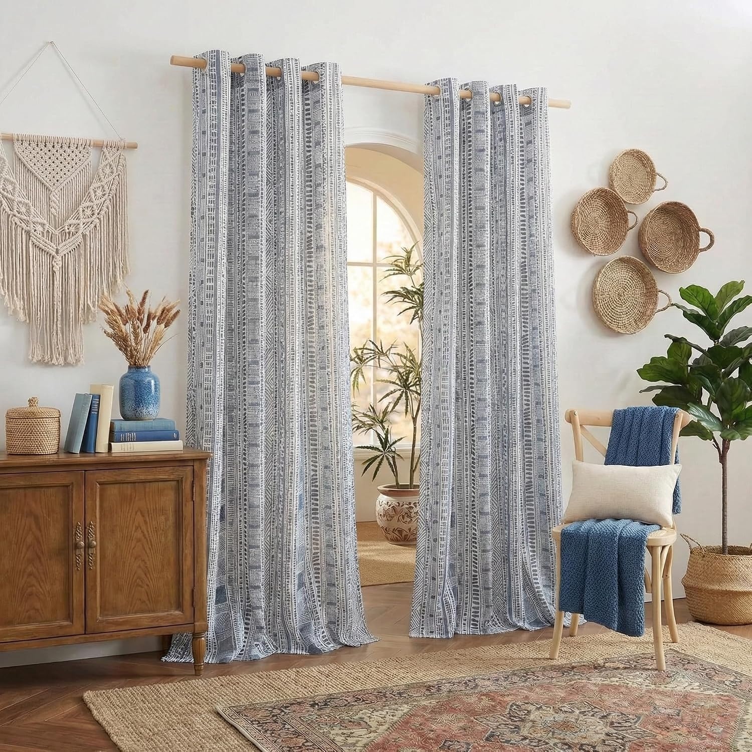 image:imageNICETOWN Sheer Window Curtains Linen Textured 84 inches Length for Home Decor Grommet Geometry Pattern Privacy amp Light Balance Flax Sheer Drapes for Living Room W50 x L84 2 Panels NavyNavy Blue