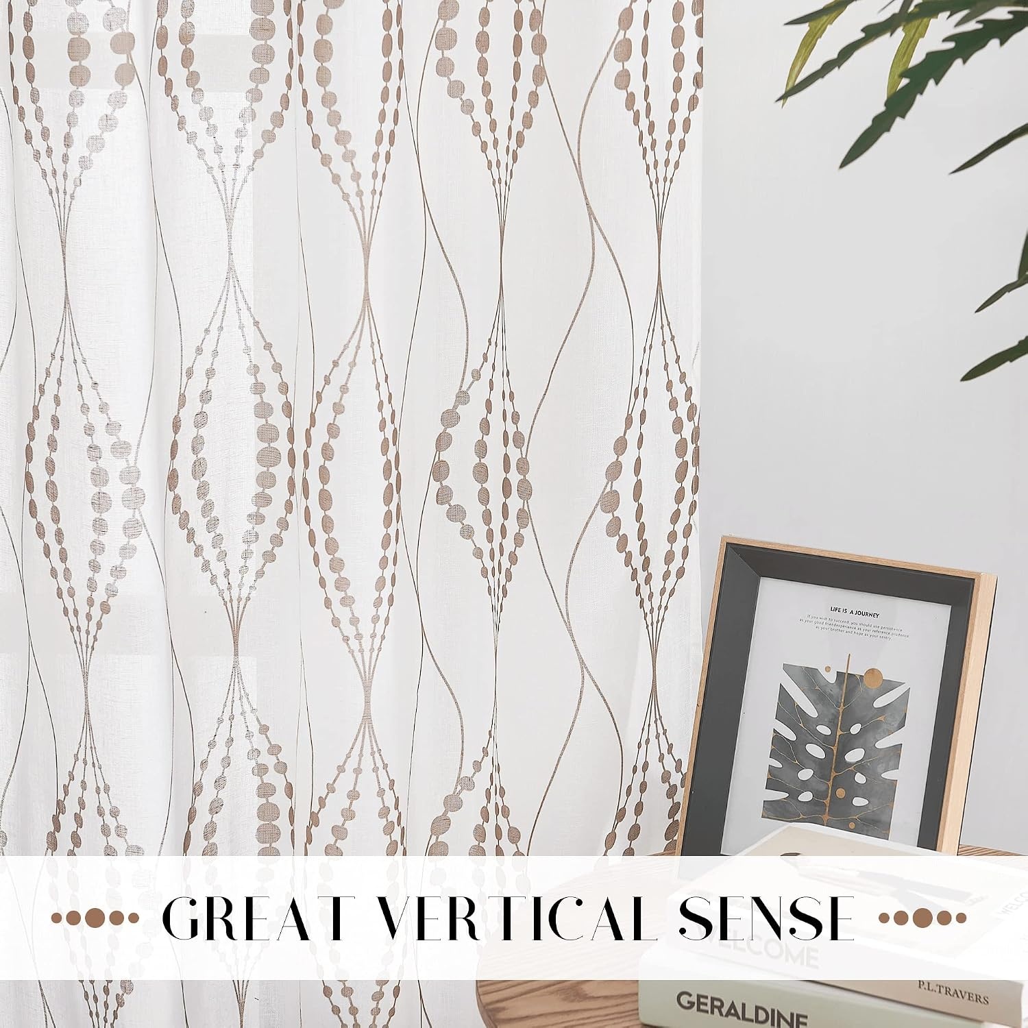 image:imageNICETOWN Sheer Window Curtains Linen Textured 84 inches Length for Home Decor Grommet Geometry Pattern Privacy amp Light Balance Flax Sheer Drapes for Living Room W50 x L84 2 Panels NavyWhite Tan