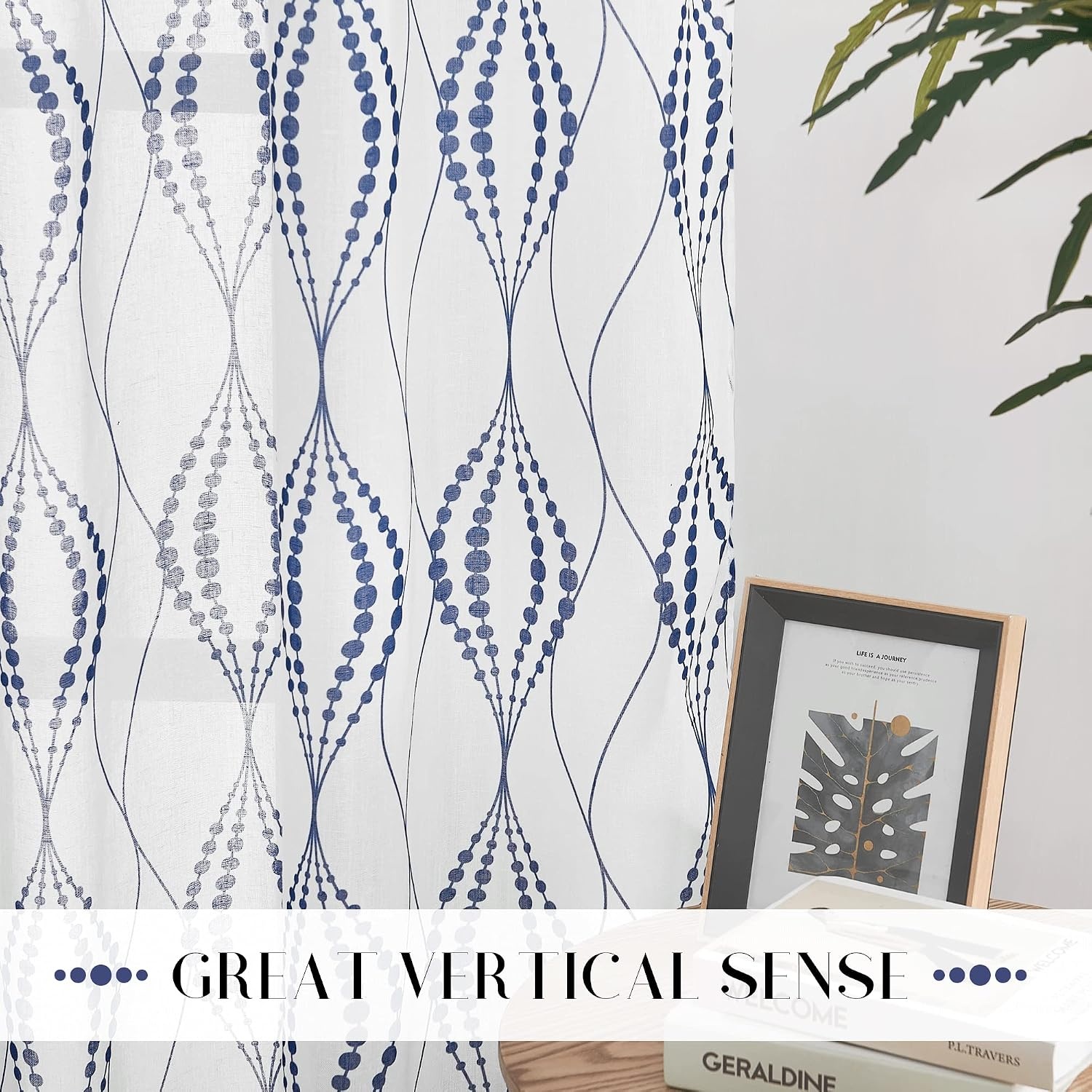image:imageNICETOWN Sheer Window Curtains Linen Textured 84 inches Length for Home Decor Grommet Geometry Pattern Privacy amp Light Balance Flax Sheer Drapes for Living Room W50 x L84 2 Panels NavyWhite Navy