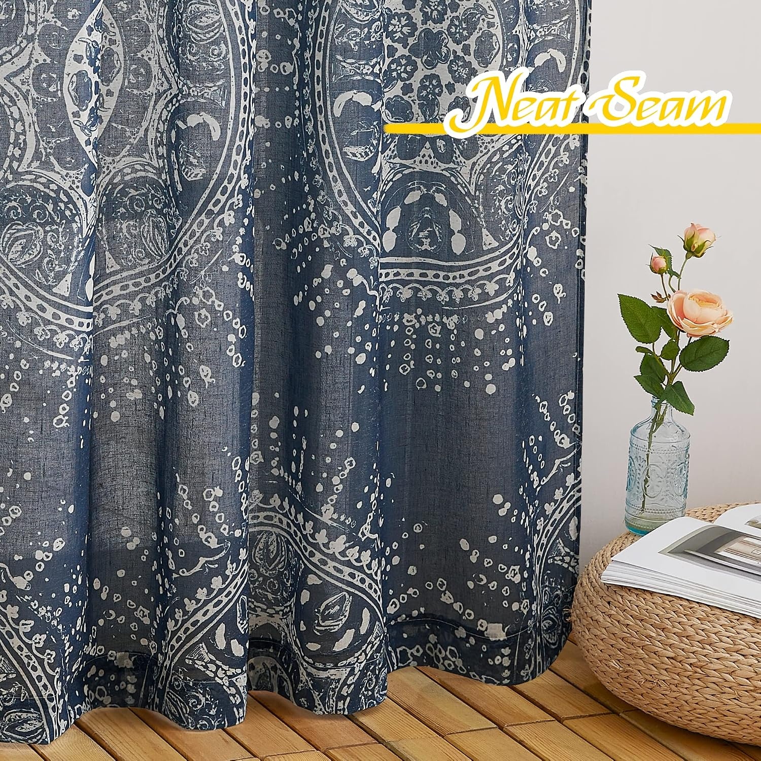 image:imageNICETOWN Sheer Window Curtains Linen Textured 84 inches Length for Home Decor Grommet Geometry Pattern Privacy amp Light Balance Flax Sheer Drapes for Living Room W50 x L84 2 Panels NavyBlue