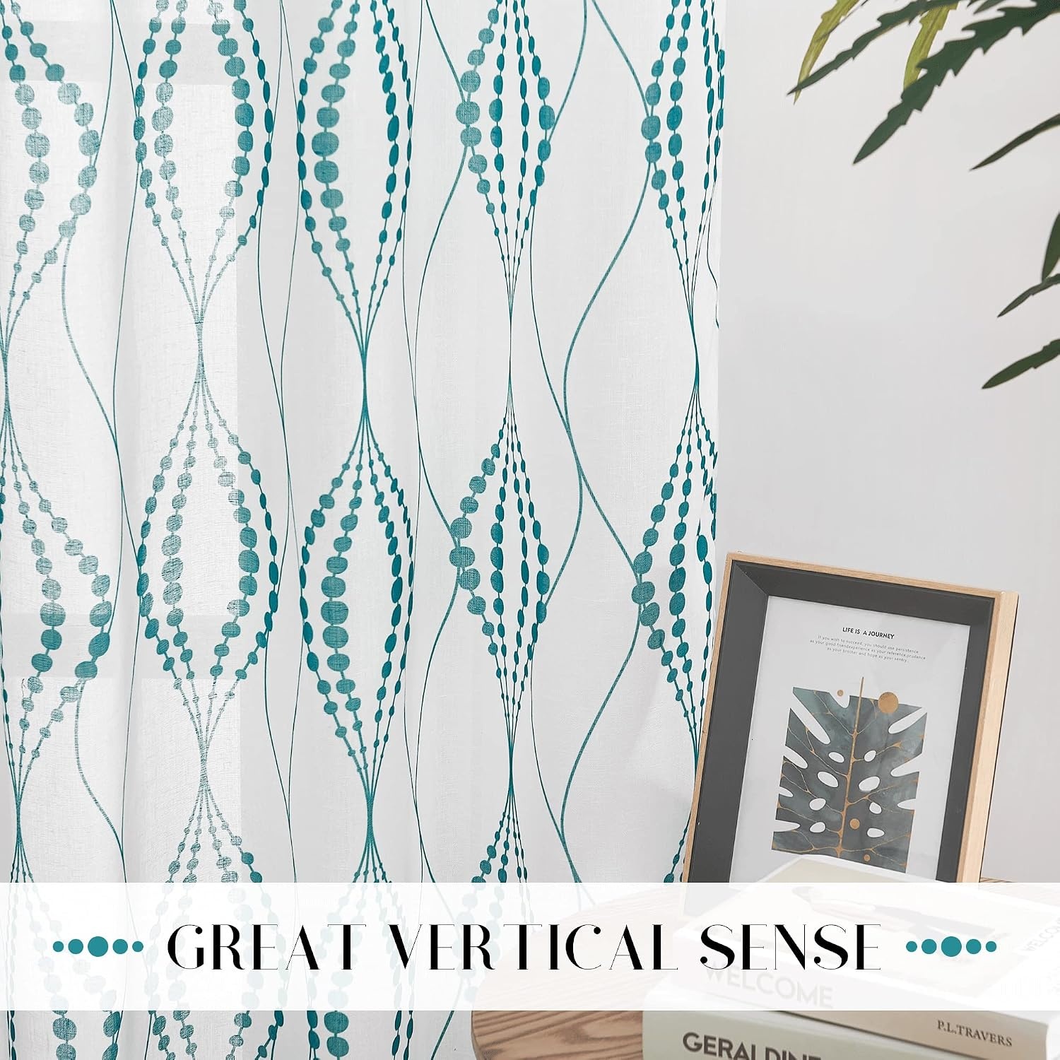 image:imageNICETOWN Sheer Window Curtains Linen Textured 84 inches Length for Home Decor Grommet Geometry Pattern Privacy amp Light Balance Flax Sheer Drapes for Living Room W50 x L84 2 Panels NavyWhite Teal