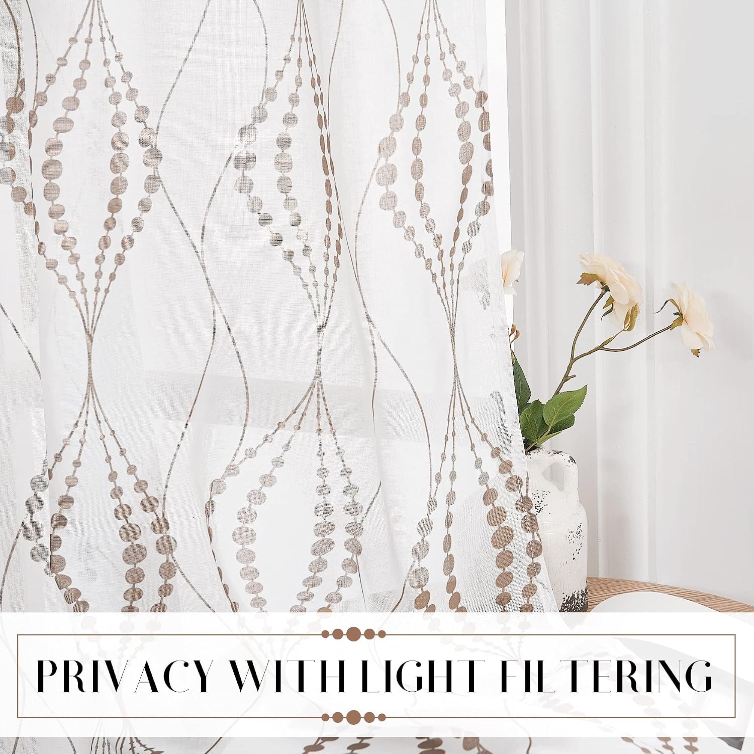 image:imageNICETOWN Sheer Window Curtains Linen Textured 84 inches Length for Home Decor Grommet Geometry Pattern Privacy amp Light Balance Flax Sheer Drapes for Living Room W50 x L84 2 Panels NavyWhite Tan