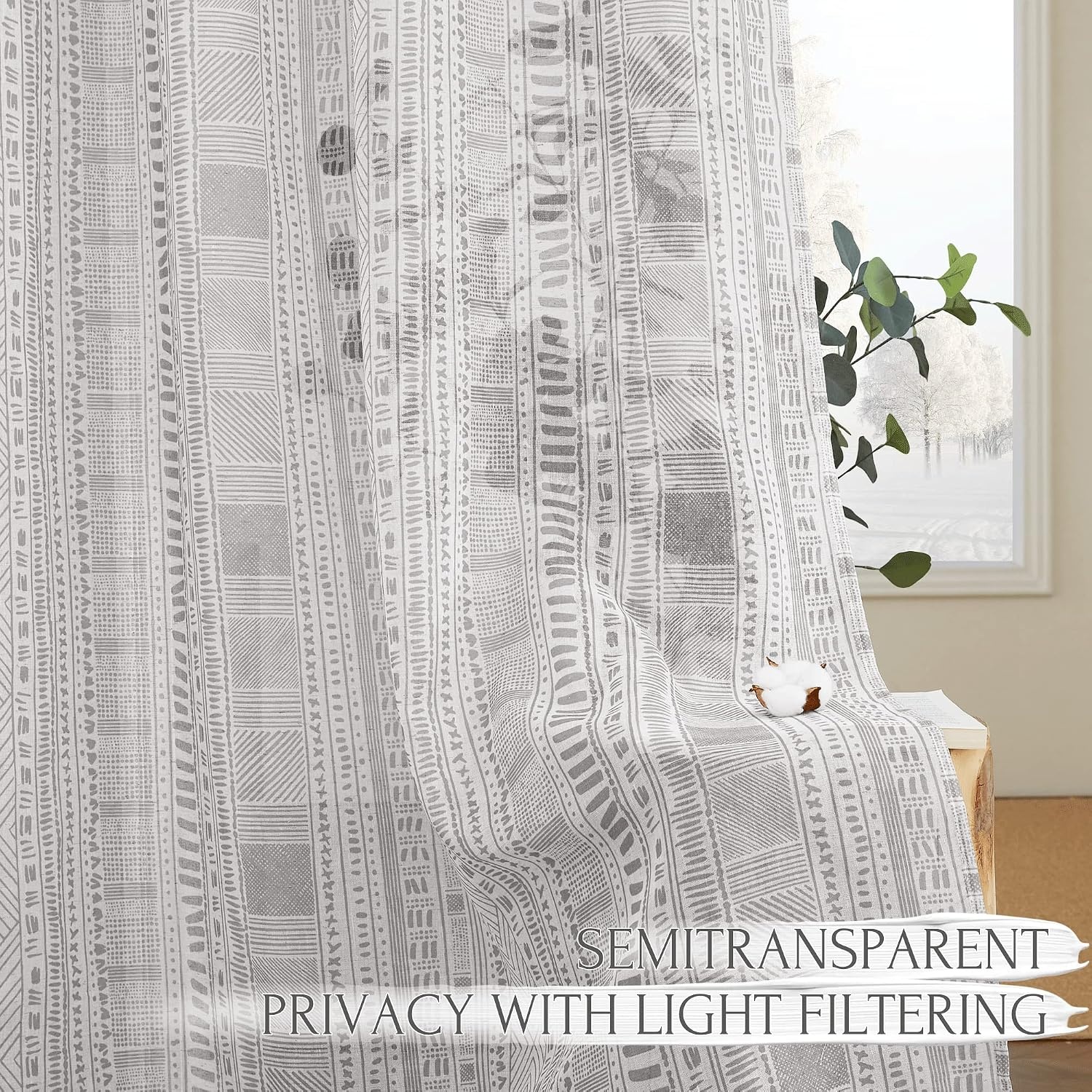 image:imageNICETOWN Sheer Window Curtains Linen Textured 84 inches Length for Home Decor Grommet Geometry Pattern Privacy amp Light Balance Flax Sheer Drapes for Living Room W50 x L84 2 Panels NavyGrey