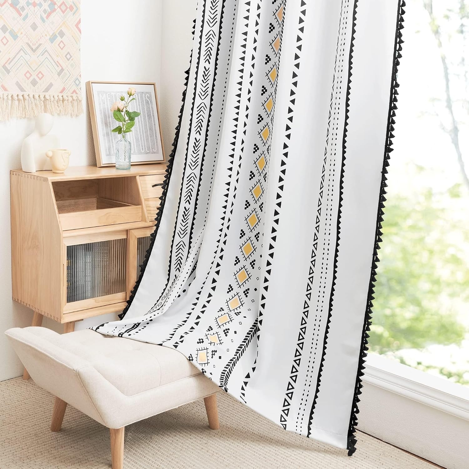 image:imageNICETOWN Sheer Window Curtains Linen Textured 84 inches Length for Home Decor Grommet Geometry Pattern Privacy amp Light Balance Flax Sheer Drapes for Living Room W50 x L84 2 Panels NavyYellow Black