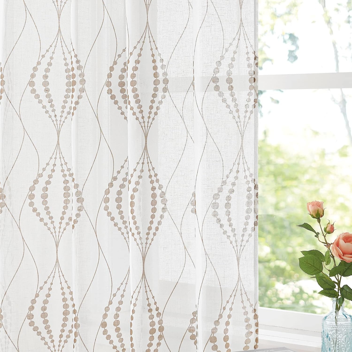 image:imageNICETOWN Sheer Window Curtains Linen Textured 84 inches Length for Home Decor Grommet Geometry Pattern Privacy amp Light Balance Flax Sheer Drapes for Living Room W50 x L84 2 Panels NavyWhite Tan