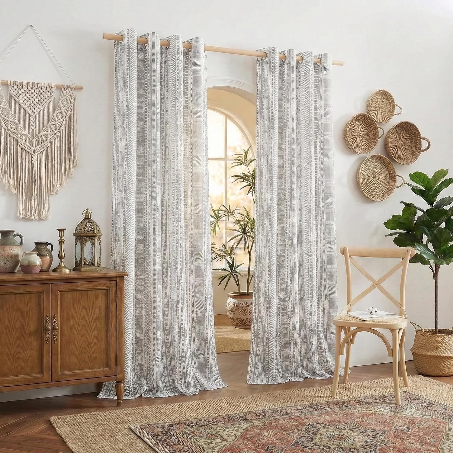 image:imageNICETOWN Sheer Window Curtains Linen Textured 84 inches Length for Home Decor Grommet Geometry Pattern Privacy amp Light Balance Flax Sheer Drapes for Living Room W50 x L84 2 Panels NavyGrey
