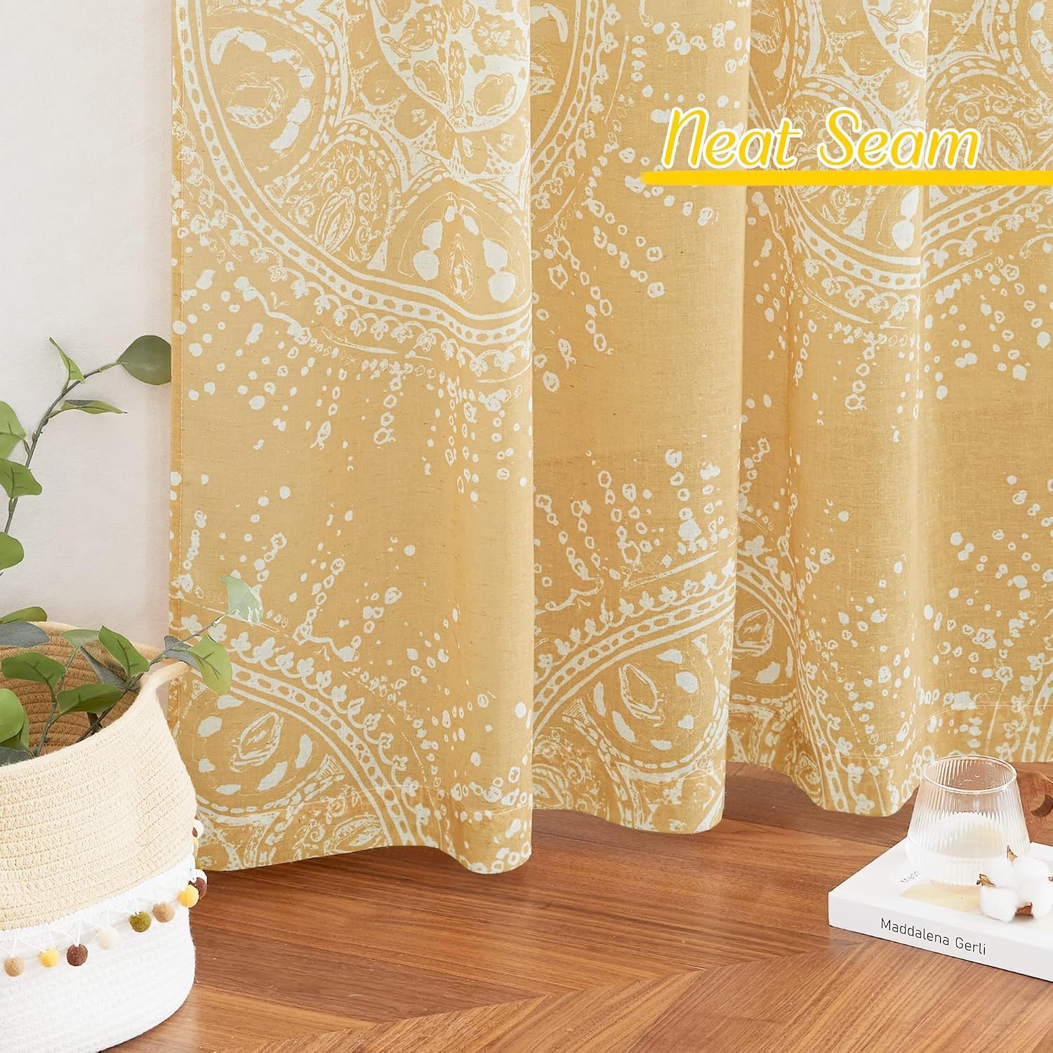 image:imageNICETOWN Sheer Window Curtains Linen Textured 84 inches Length for Home Decor Grommet Geometry Pattern Privacy amp Light Balance Flax Sheer Drapes for Living Room W50 x L84 2 Panels NavyYellow