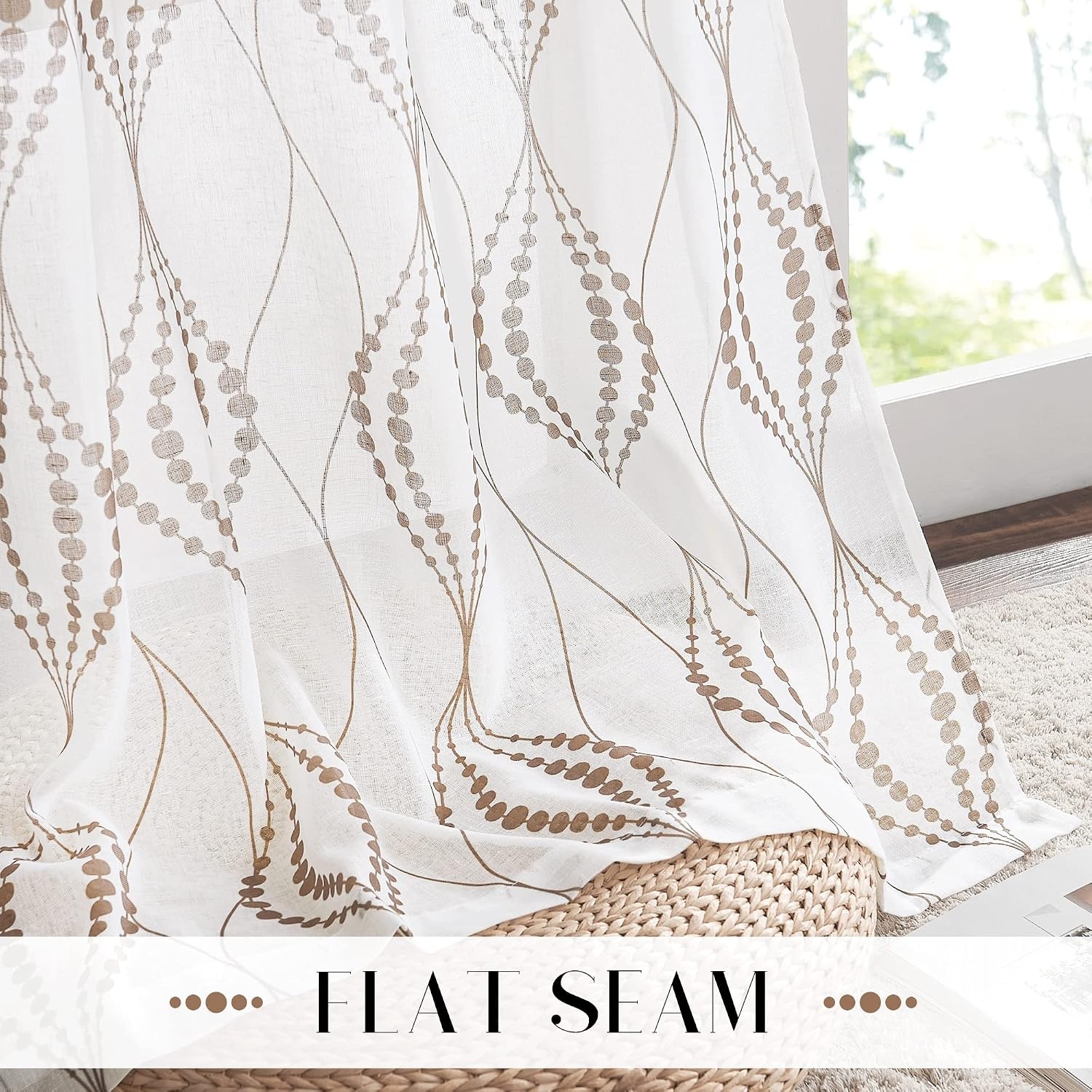 image:imageNICETOWN Sheer Window Curtains Linen Textured 84 inches Length for Home Decor Grommet Geometry Pattern Privacy amp Light Balance Flax Sheer Drapes for Living Room W50 x L84 2 Panels NavyWhite Tan