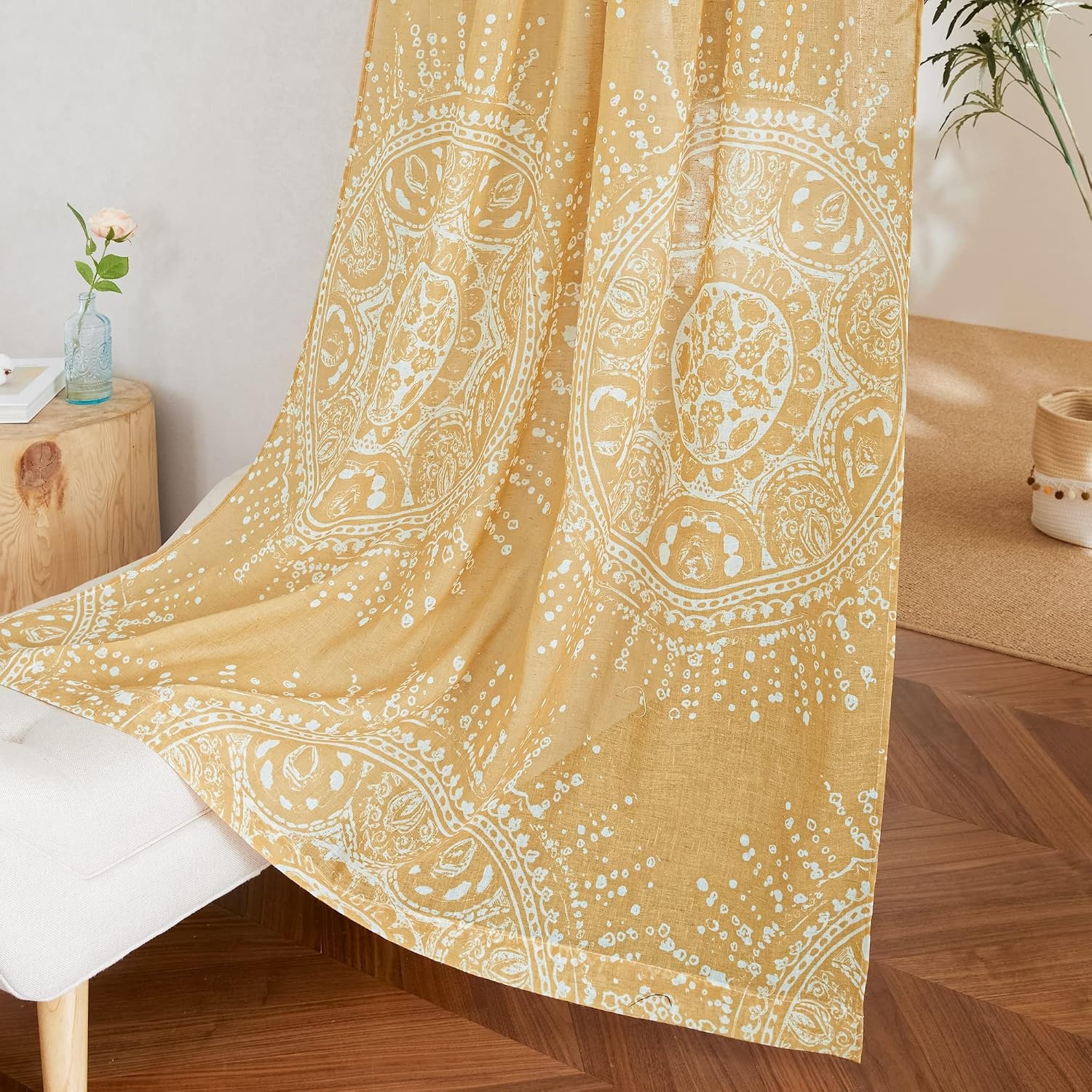 image:imageNICETOWN Sheer Window Curtains Linen Textured 84 inches Length for Home Decor Grommet Geometry Pattern Privacy amp Light Balance Flax Sheer Drapes for Living Room W50 x L84 2 Panels NavyYellow