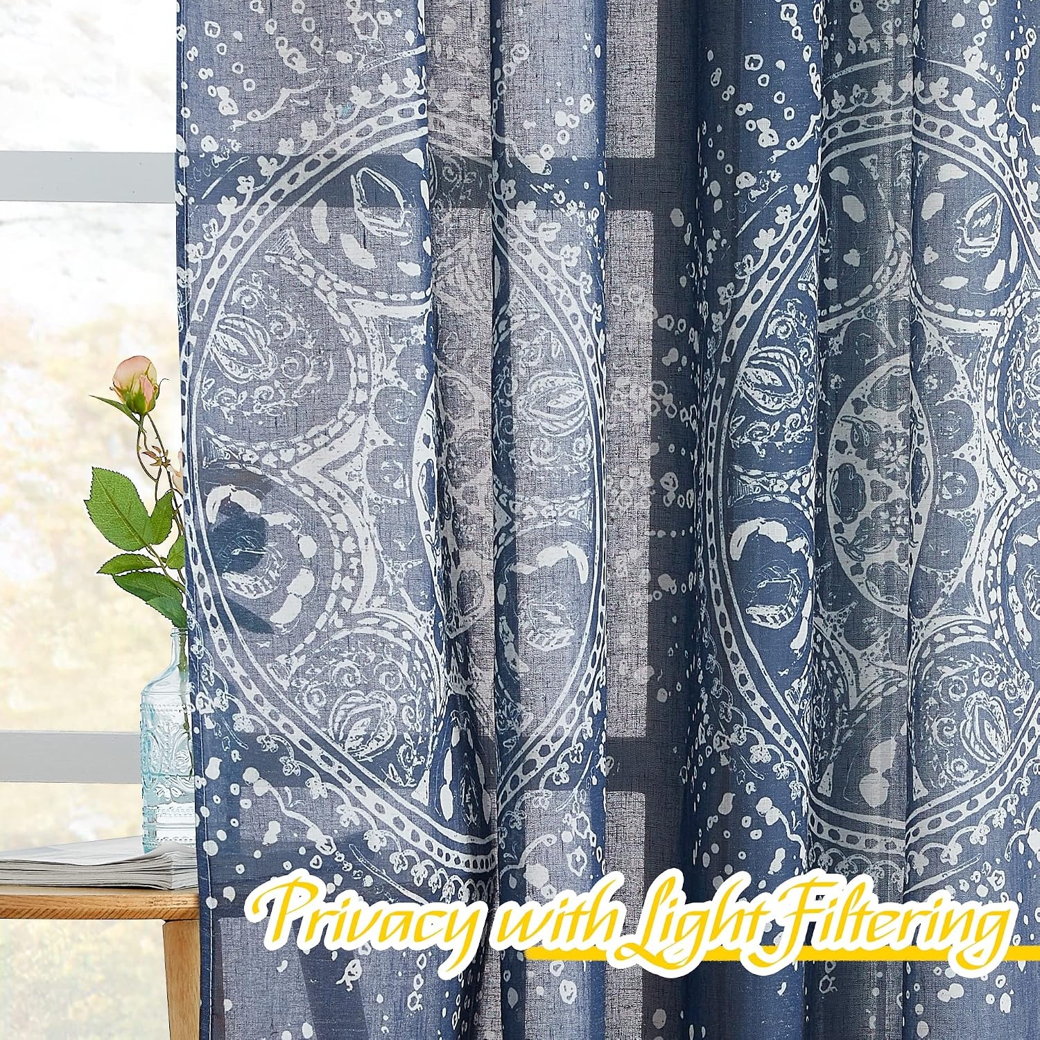image:imageNICETOWN Sheer Window Curtains Linen Textured 84 inches Length for Home Decor Grommet Geometry Pattern Privacy amp Light Balance Flax Sheer Drapes for Living Room W50 x L84 2 Panels NavyBlue