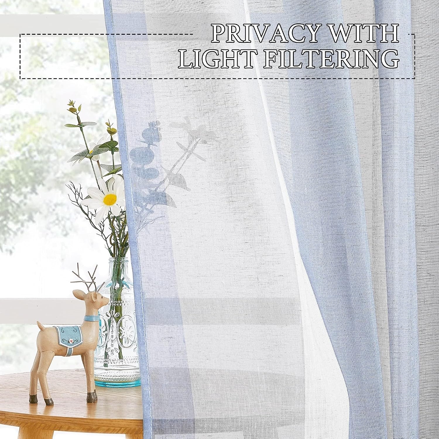 image:imageNICETOWN Sheer Window Curtains Linen Textured 84 inches Length for Home Decor Grommet Geometry Pattern Privacy amp Light Balance Flax Sheer Drapes for Living Room W50 x L84 2 Panels NavyWhite Blue