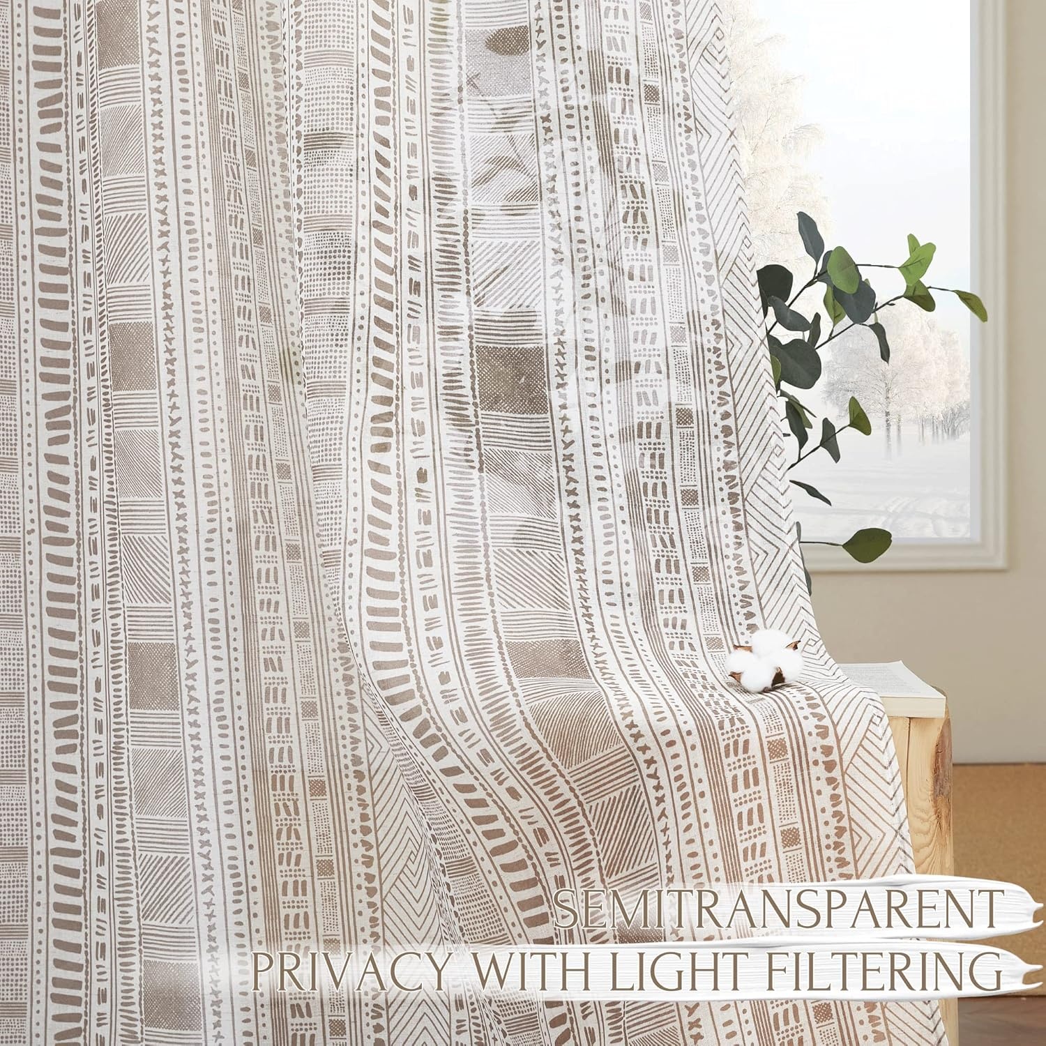 image:imageNICETOWN Sheer Window Curtains Linen Textured 84 inches Length for Home Decor Grommet Geometry Pattern Privacy amp Light Balance Flax Sheer Drapes for Living Room W50 x L84 2 Panels NavyTaupe